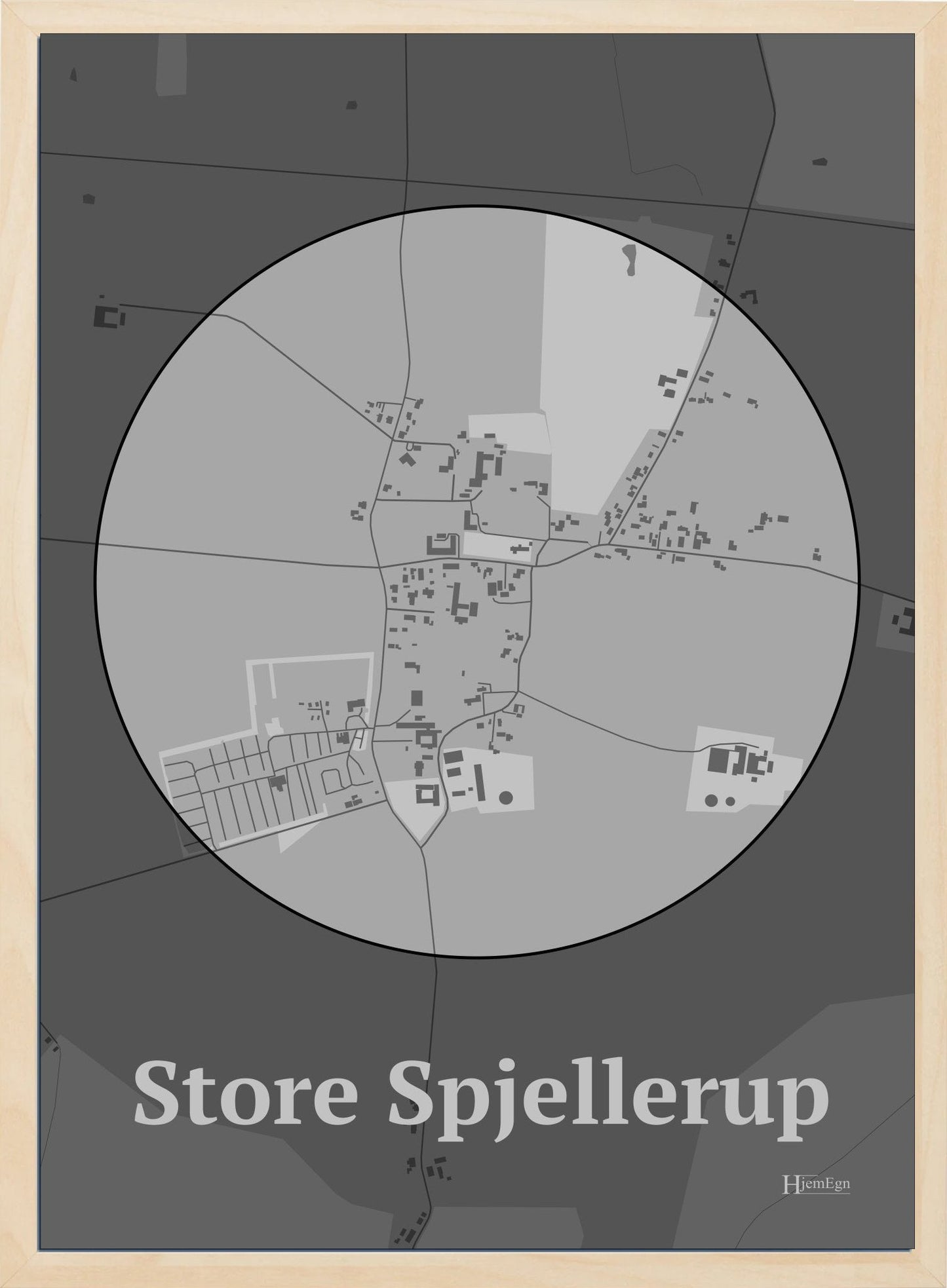 Store Spjellerup plakat i farve pastel grå og HjemEgn.dk design centrum. Design bykort for Store Spjellerup