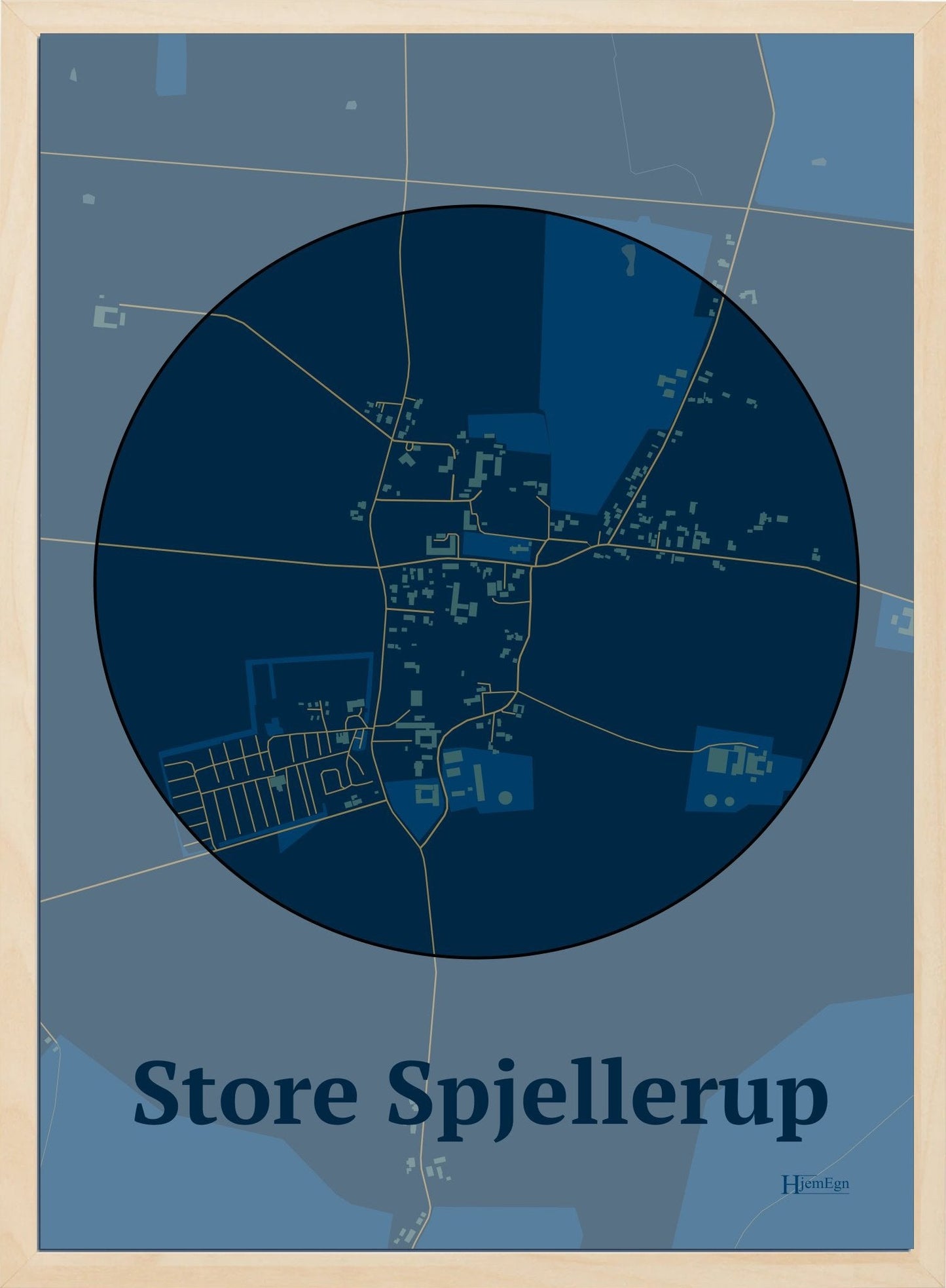 Store Spjellerup plakat i farve mørk blå og HjemEgn.dk design centrum. Design bykort for Store Spjellerup