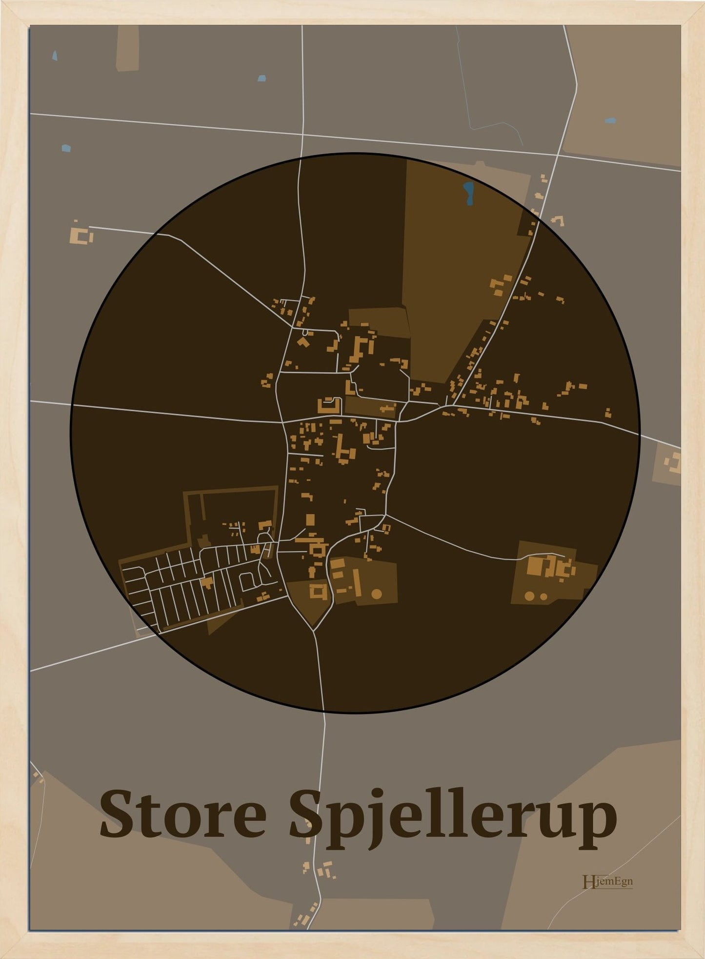 Store Spjellerup plakat i farve mørk brun og HjemEgn.dk design centrum. Design bykort for Store Spjellerup