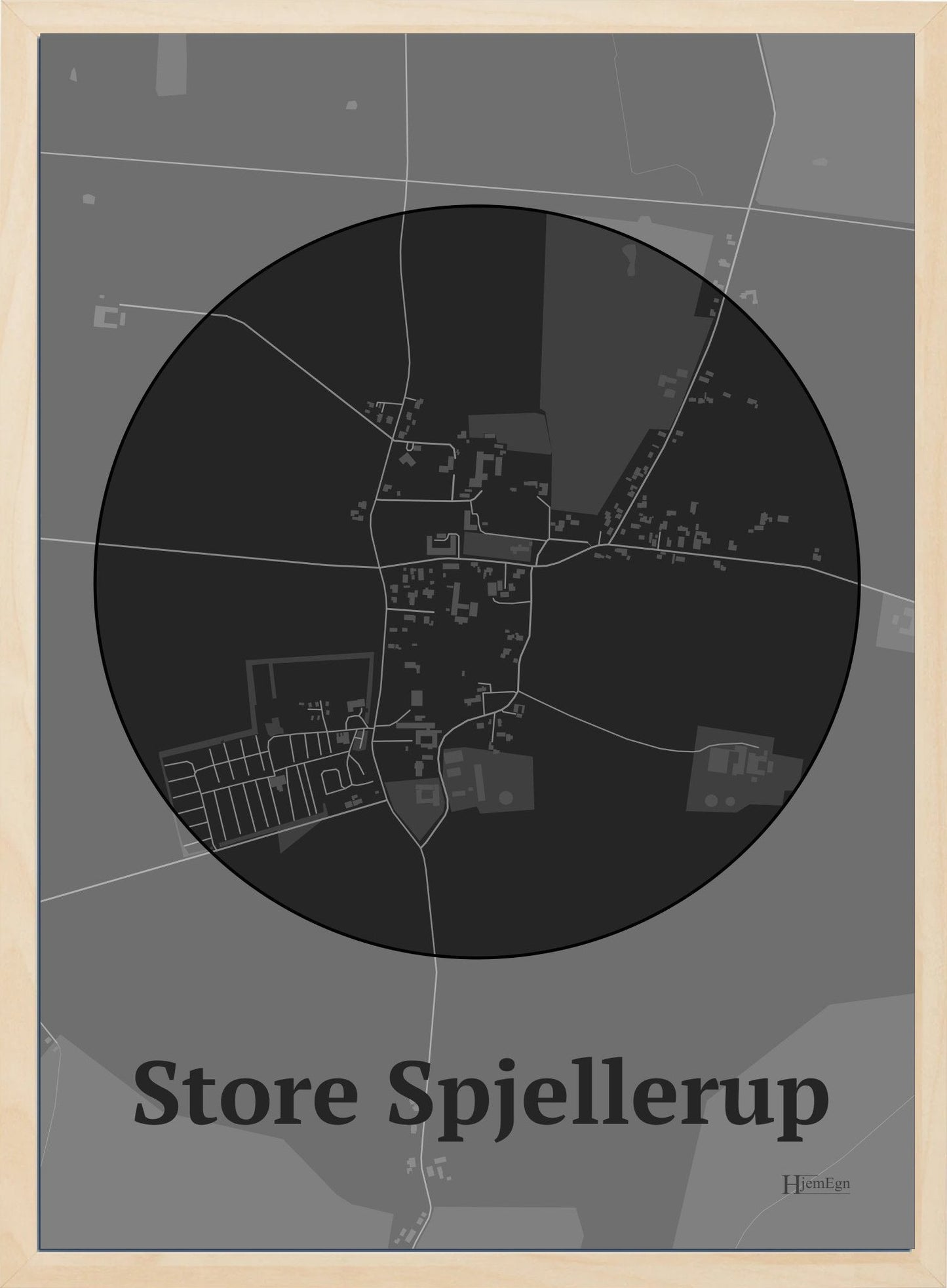 Store Spjellerup plakat i farve mørk grå og HjemEgn.dk design centrum. Design bykort for Store Spjellerup