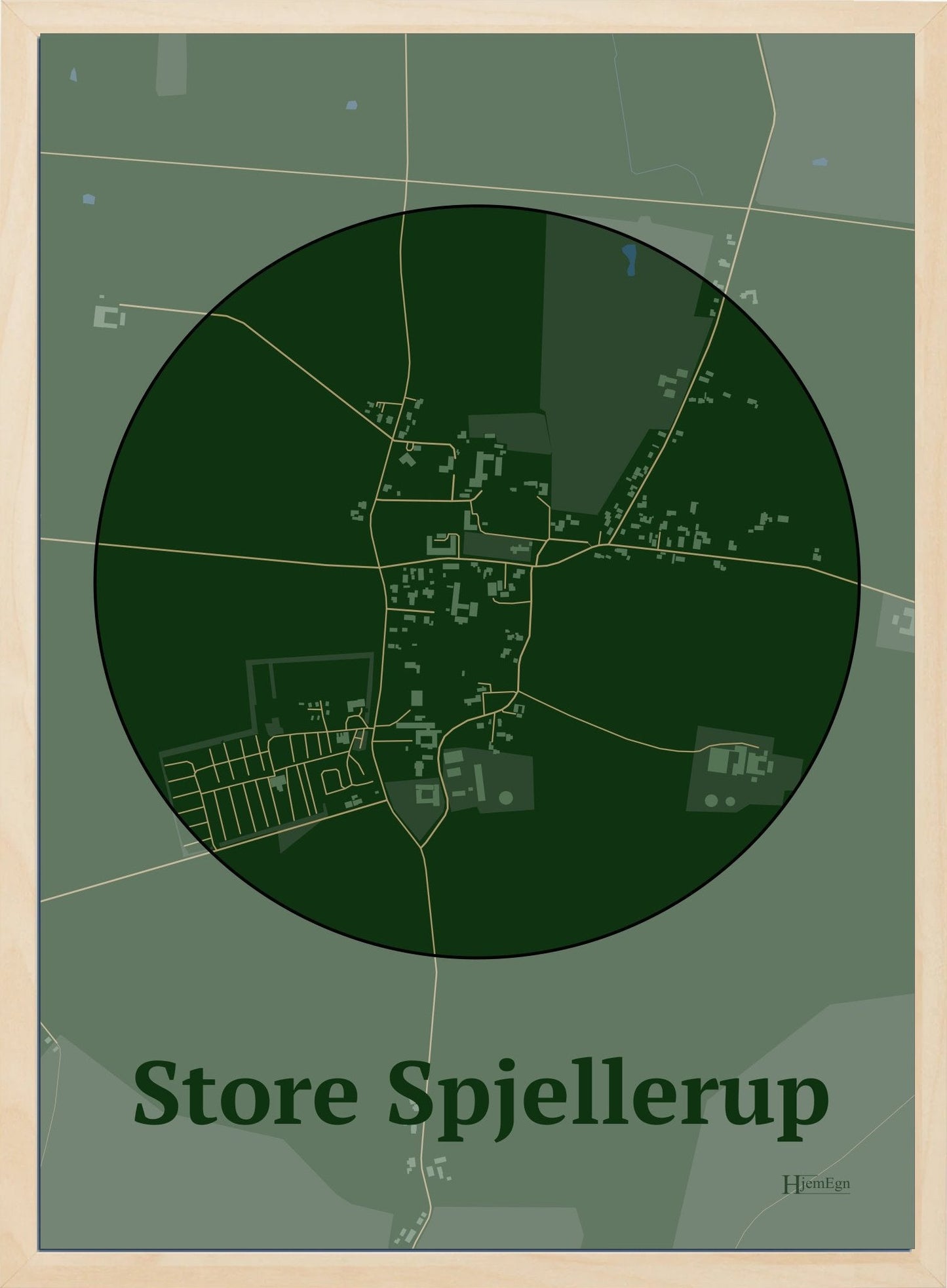 Store Spjellerup plakat i farve mørk grøn og HjemEgn.dk design centrum. Design bykort for Store Spjellerup