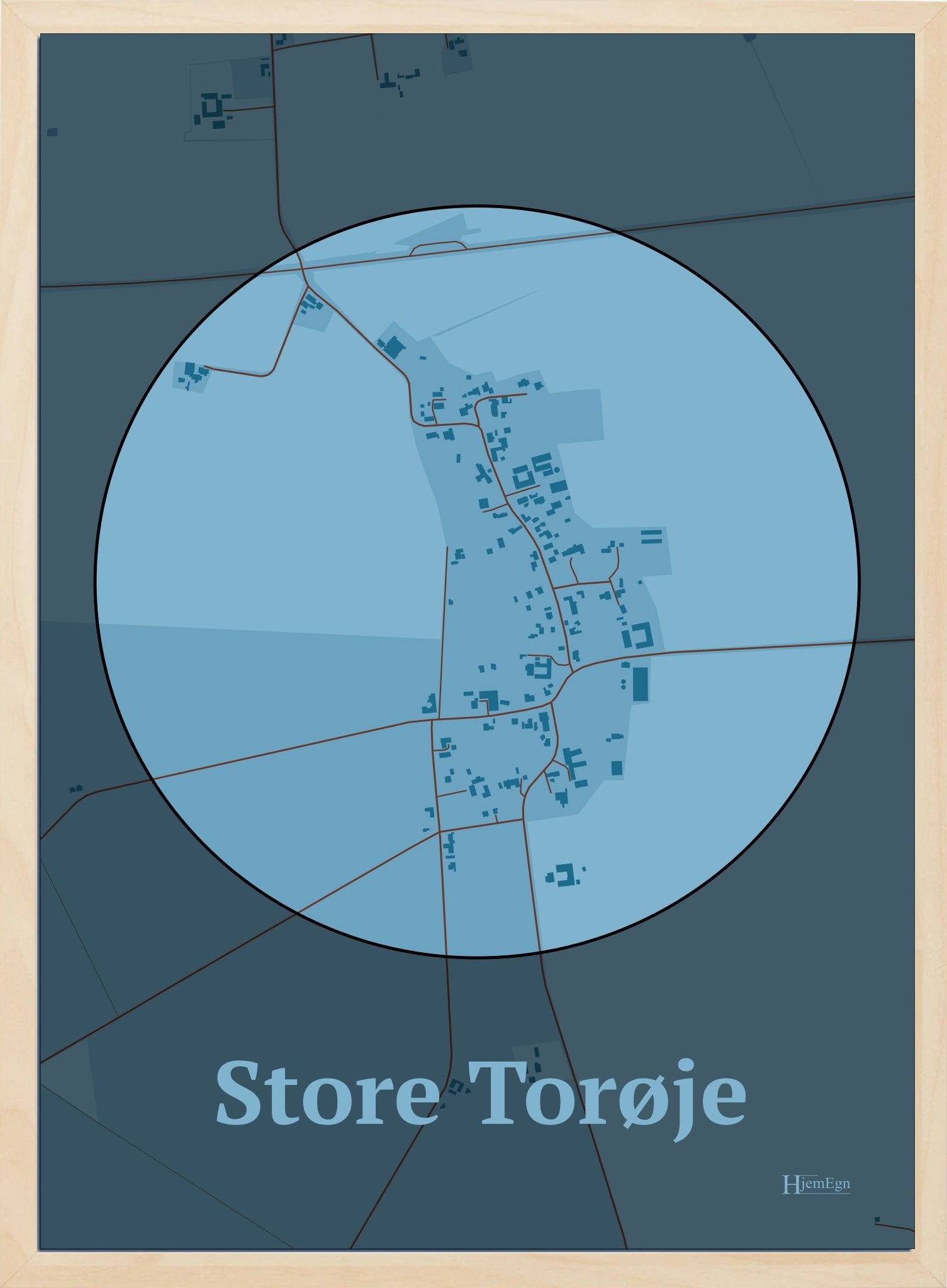 Store Torøje plakat i farve pastel blå og HjemEgn.dk design centrum. Design bykort for Store Torøje
