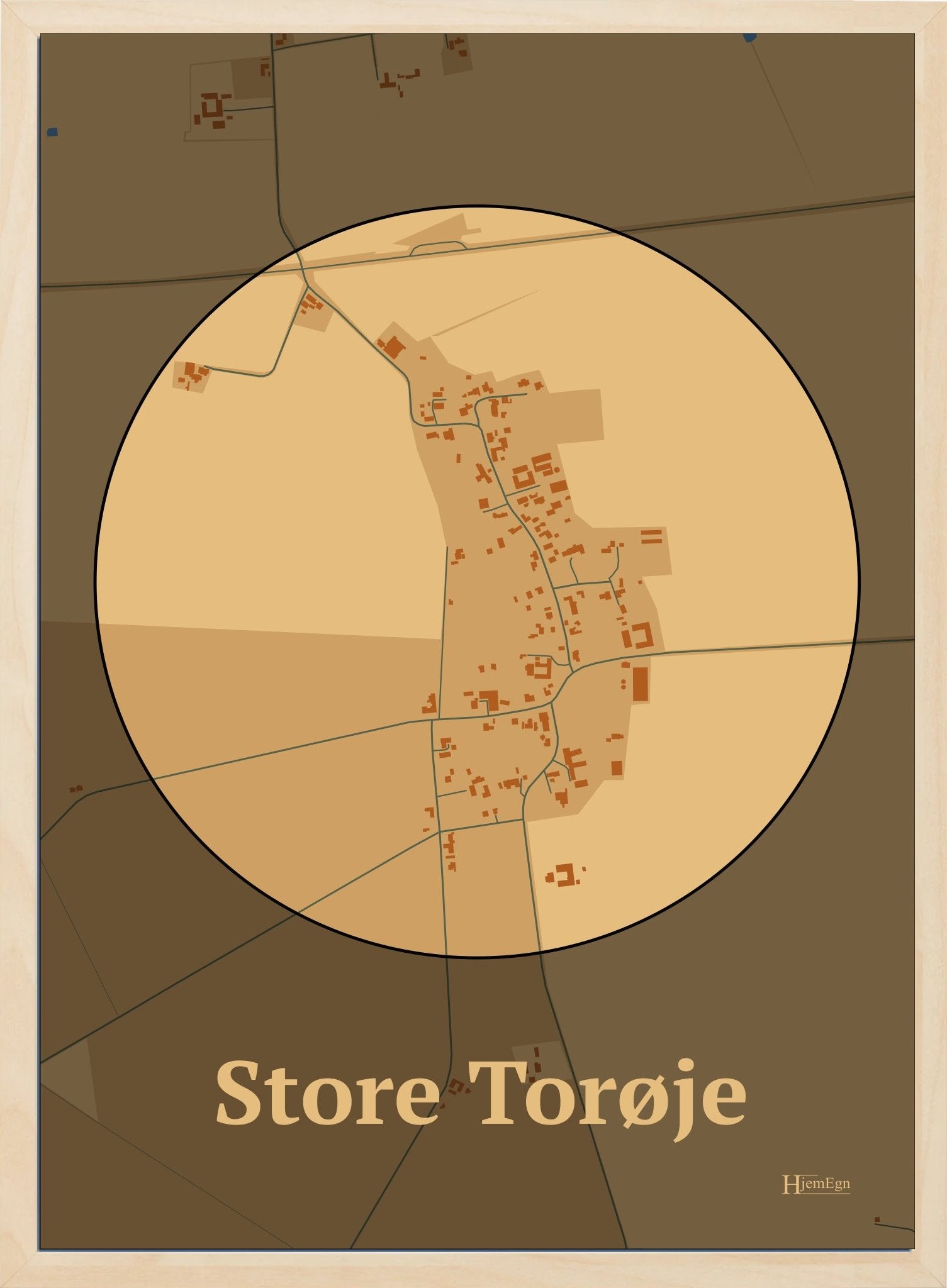 Store Torøje plakat i farve pastel brun og HjemEgn.dk design centrum. Design bykort for Store Torøje