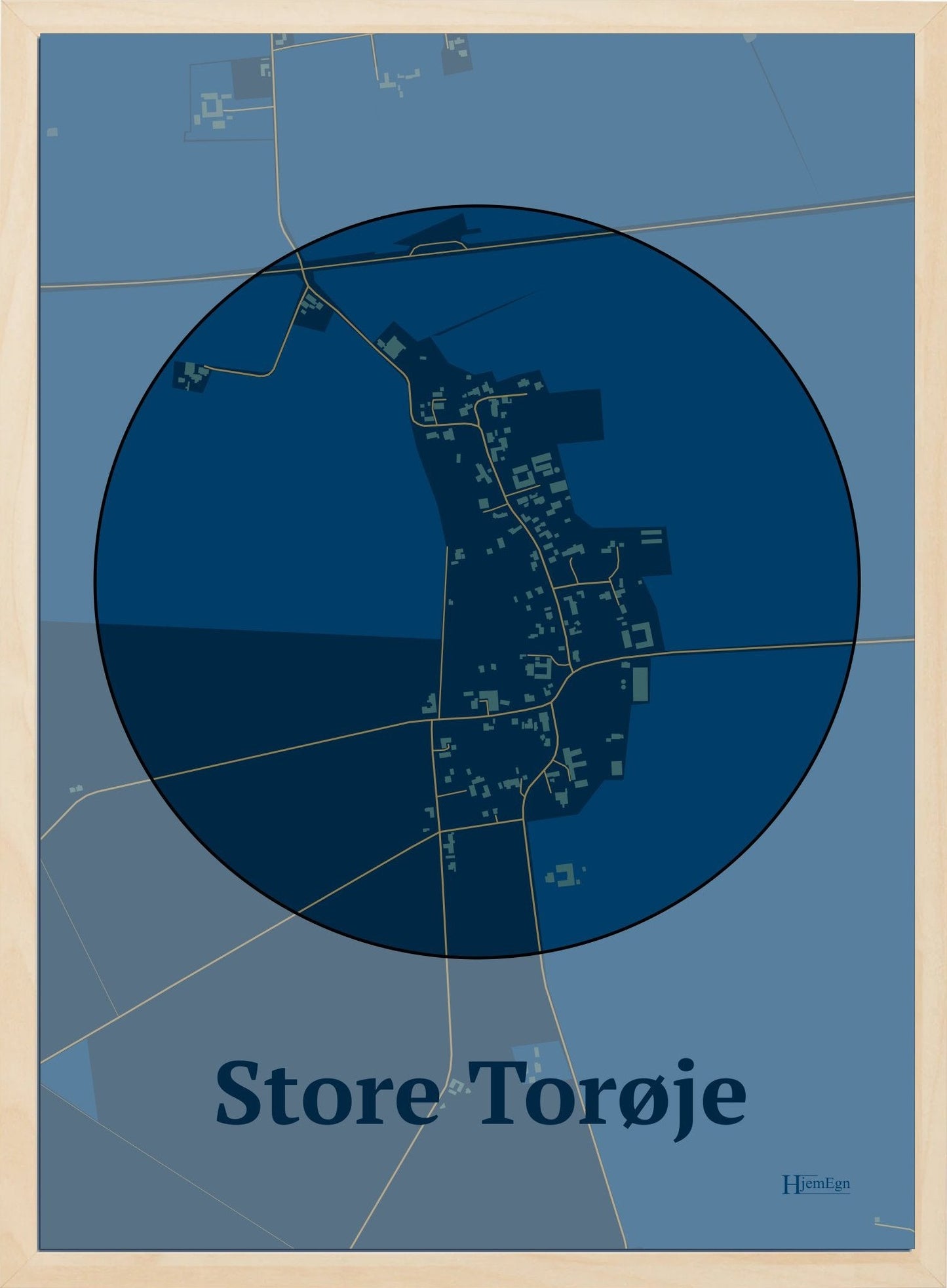 Store Torøje plakat i farve mørk blå og HjemEgn.dk design centrum. Design bykort for Store Torøje