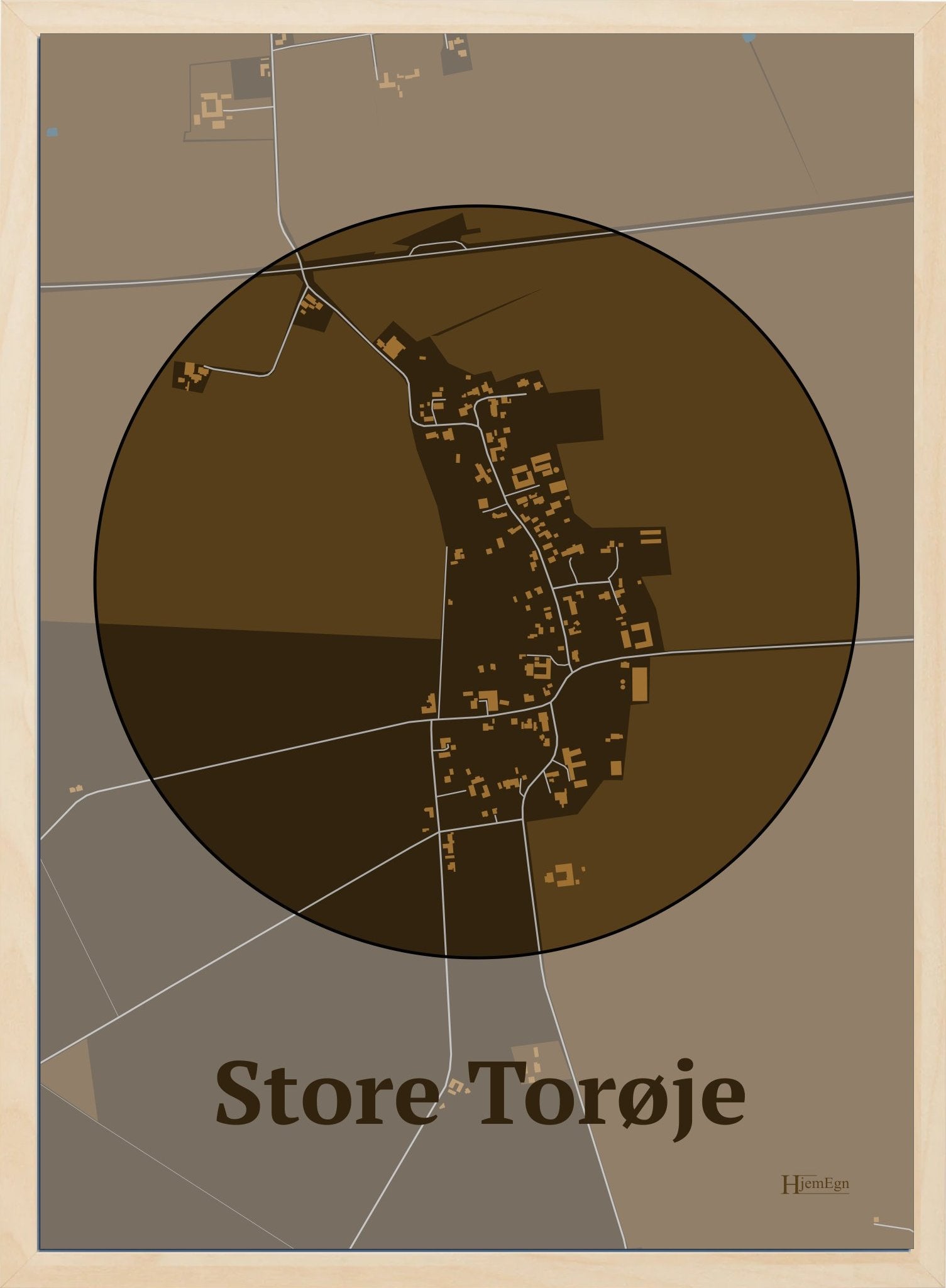 Store Torøje plakat i farve mørk brun og HjemEgn.dk design centrum. Design bykort for Store Torøje