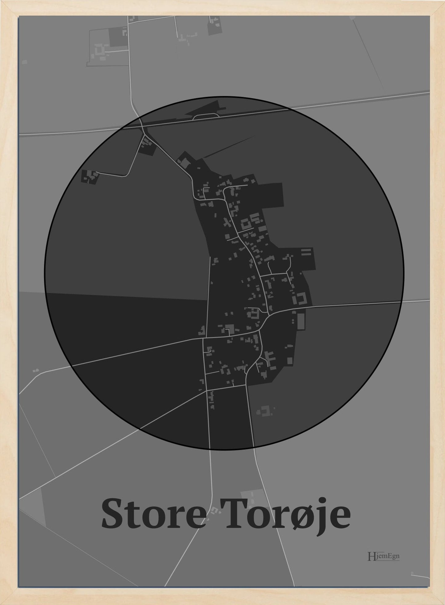 Store Torøje plakat i farve mørk grå og HjemEgn.dk design centrum. Design bykort for Store Torøje