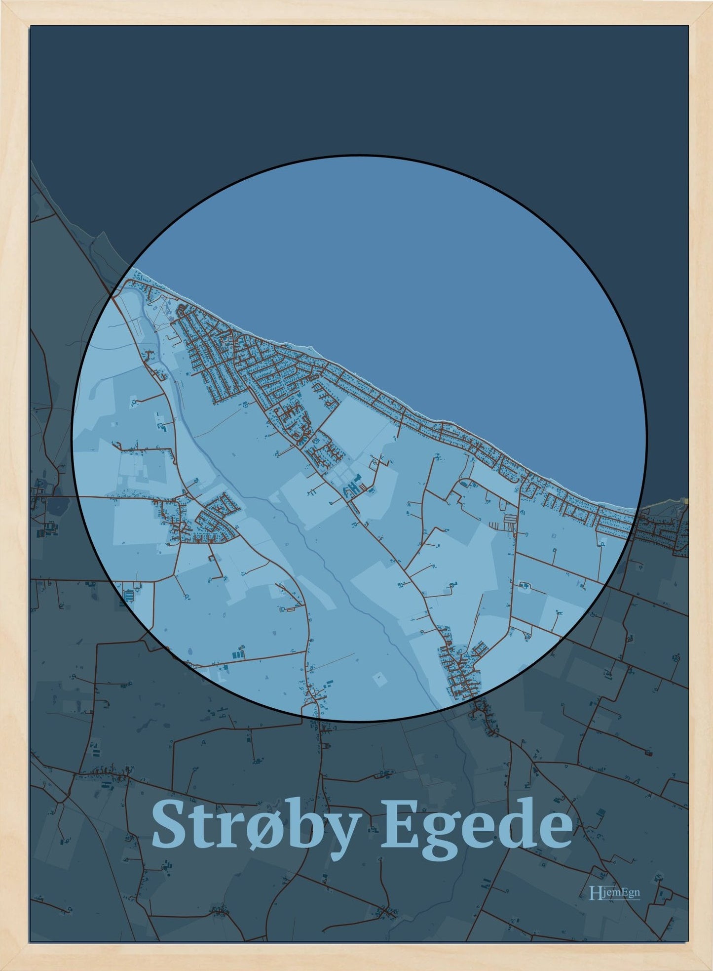 Strøby Egede plakat i farve pastel blå og HjemEgn.dk design centrum. Design bykort for Strøby Egede