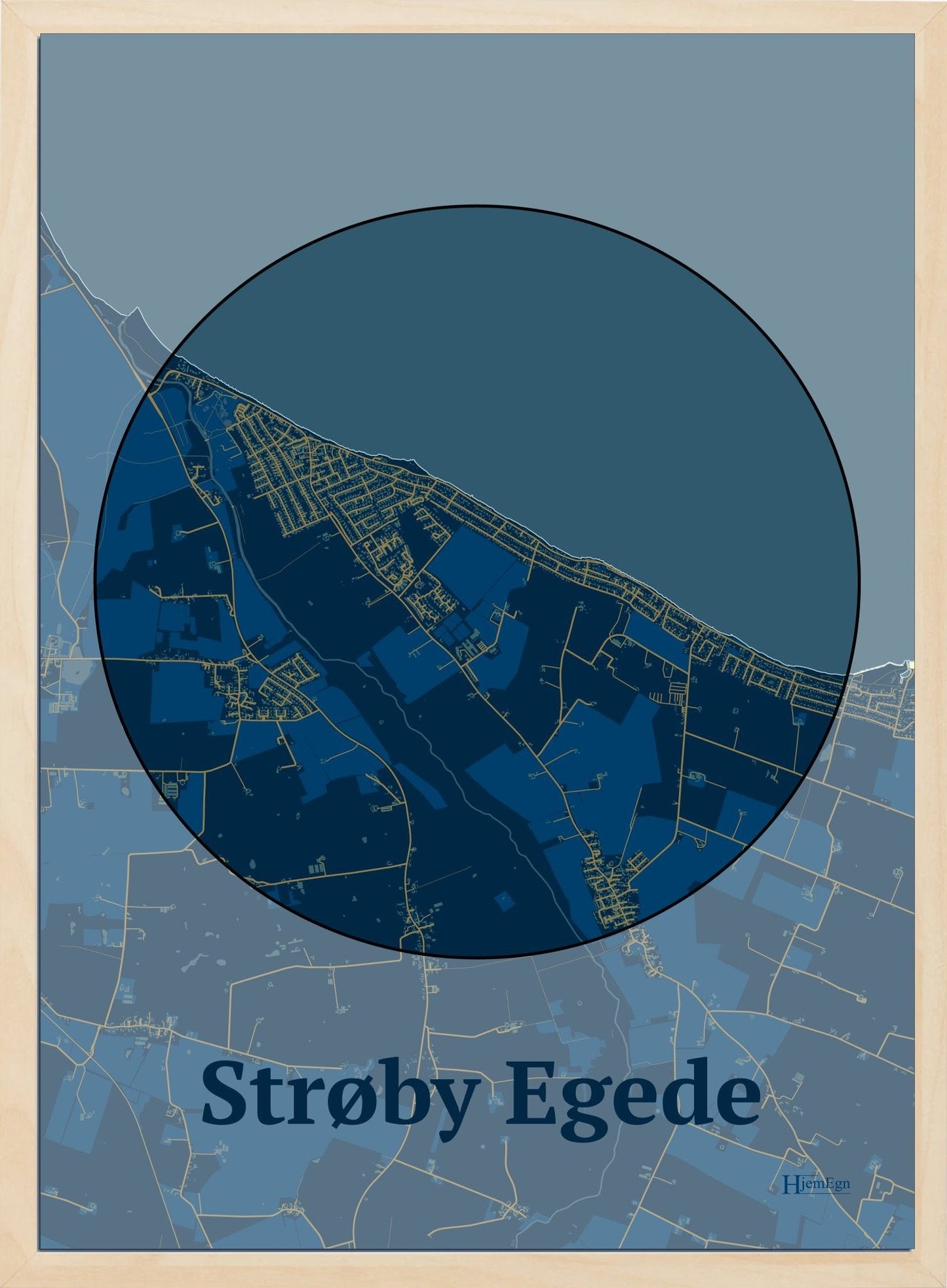 Strøby Egede plakat i farve mørk blå og HjemEgn.dk design centrum. Design bykort for Strøby Egede