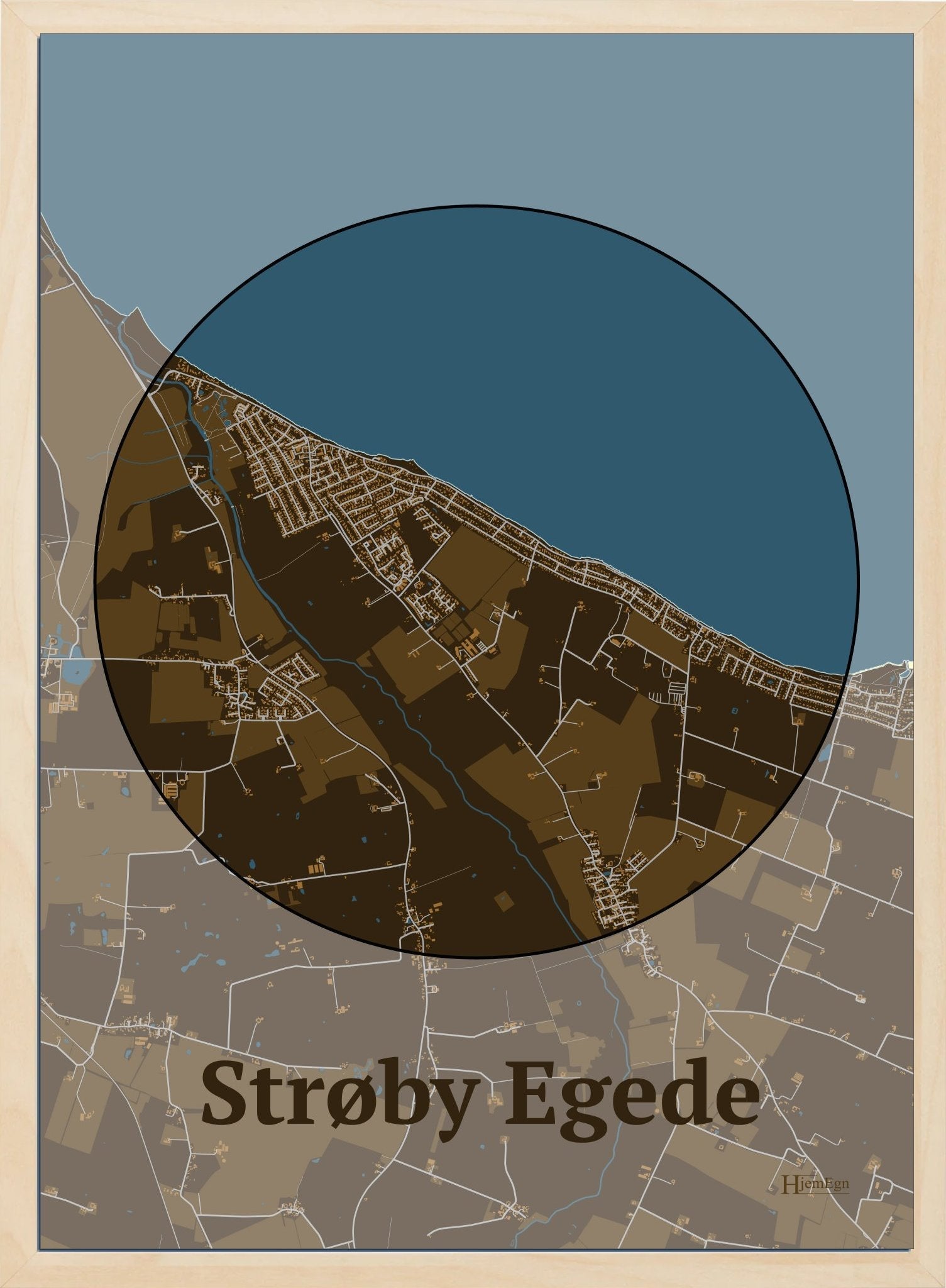 Strøby Egede plakat i farve mørk brun og HjemEgn.dk design centrum. Design bykort for Strøby Egede