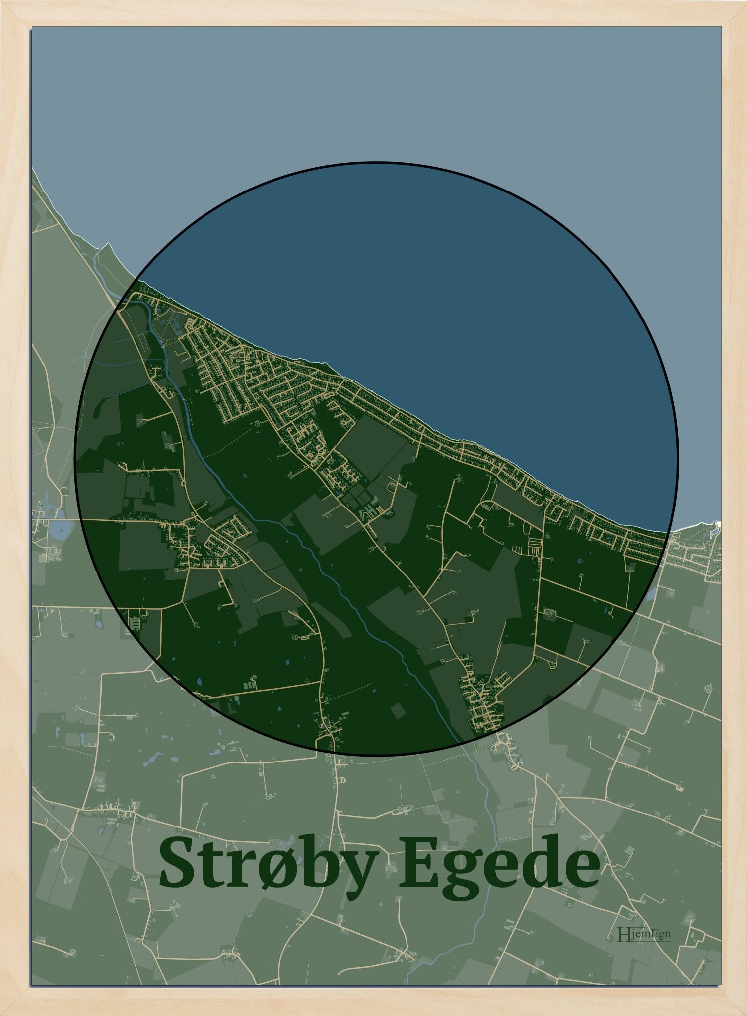 Strøby Egede plakat i farve mørk grøn og HjemEgn.dk design centrum. Design bykort for Strøby Egede