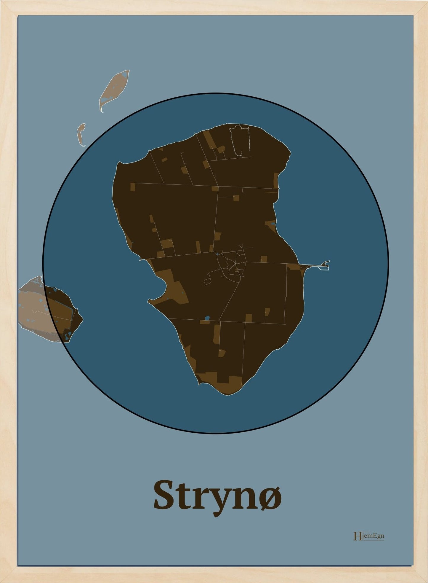 Strynø plakat i farve mørk brun og HjemEgn.dk design centrum. Design ø-kort for Strynø