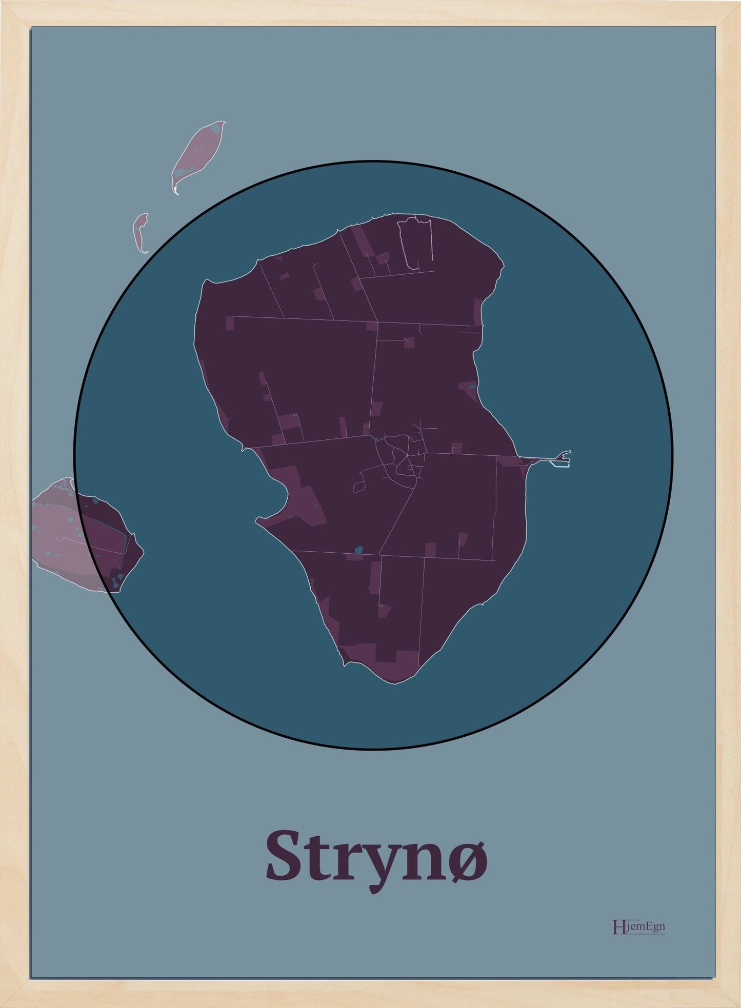 Strynø plakat i farve mørk rød og HjemEgn.dk design centrum. Design ø-kort for Strynø