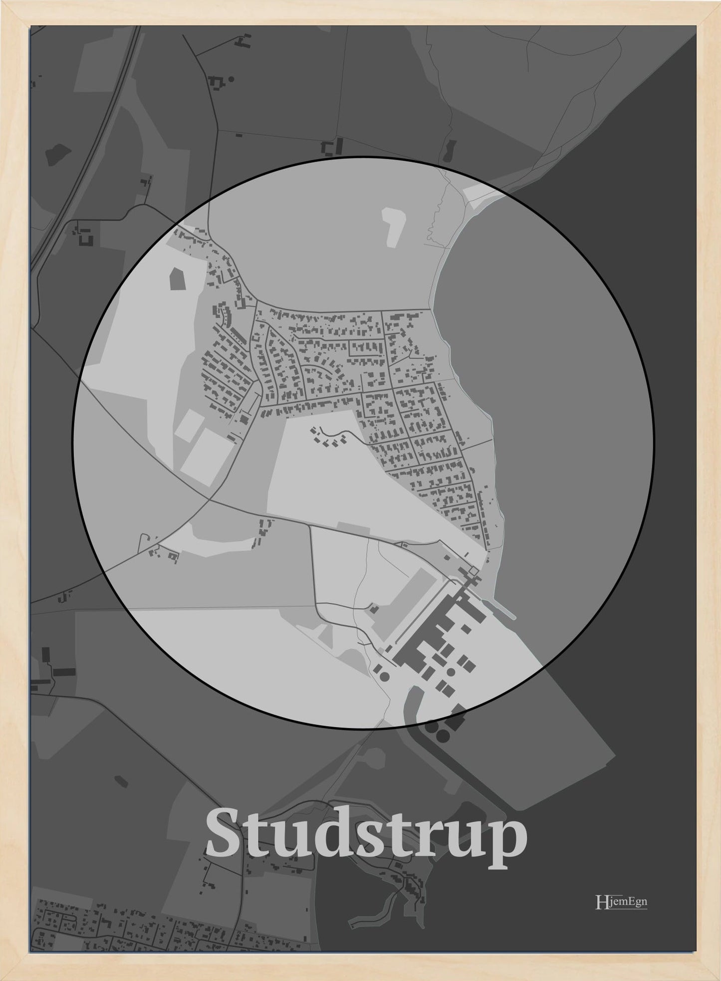 Studstrup plakat i farve pastel grå og HjemEgn.dk design centrum. Design bykort for Studstrup