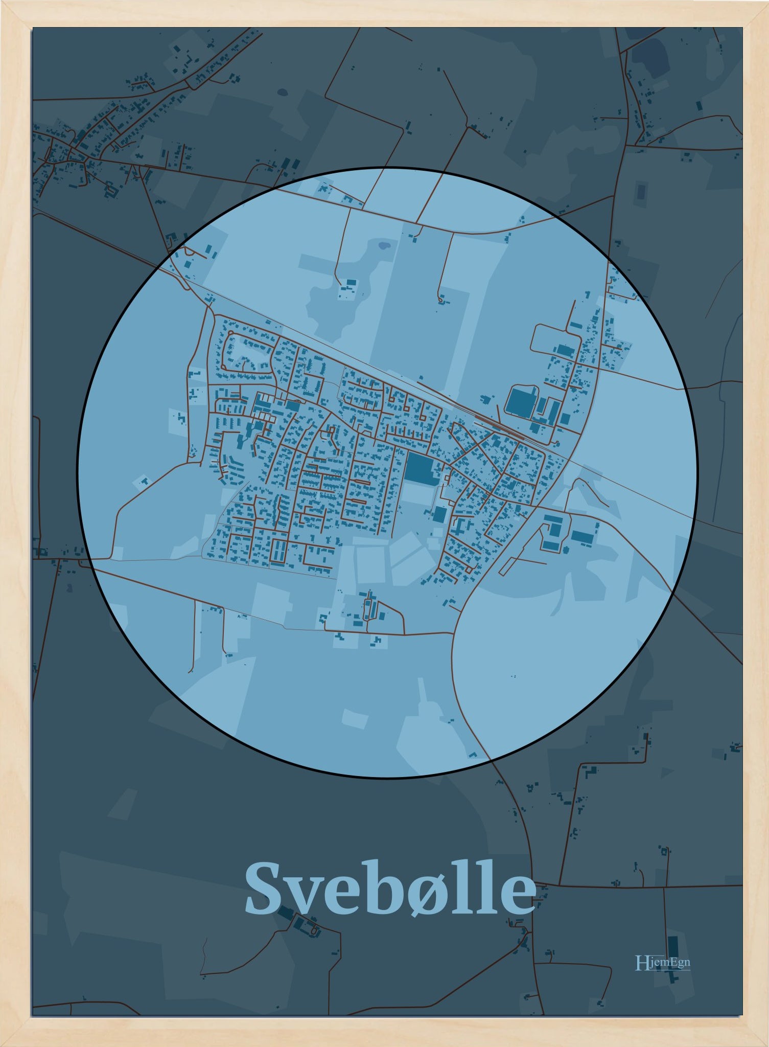 Svebølle plakat i farve pastel blå og HjemEgn.dk design centrum. Design bykort for Svebølle