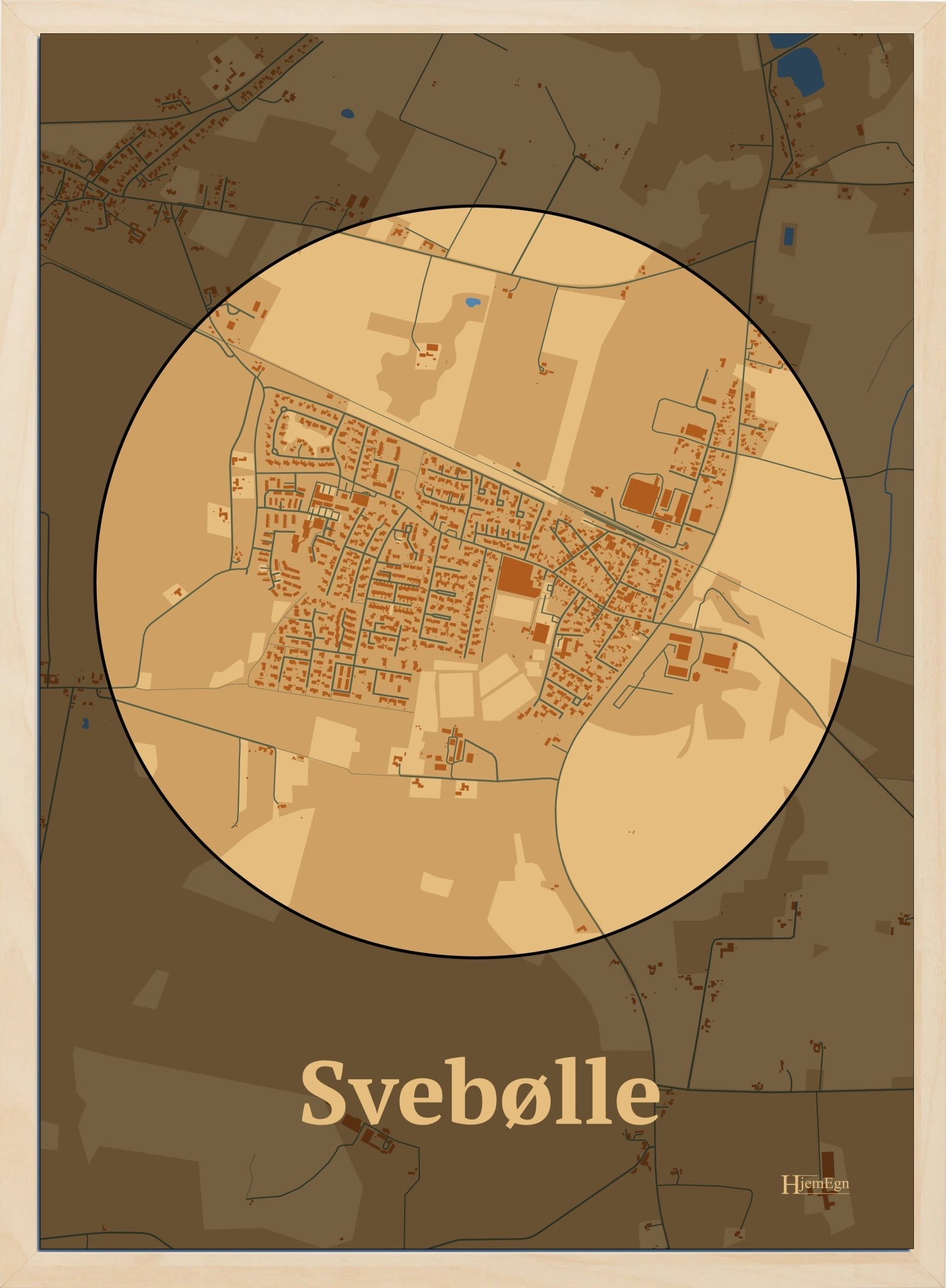 Svebølle plakat i farve pastel brun og HjemEgn.dk design centrum. Design bykort for Svebølle