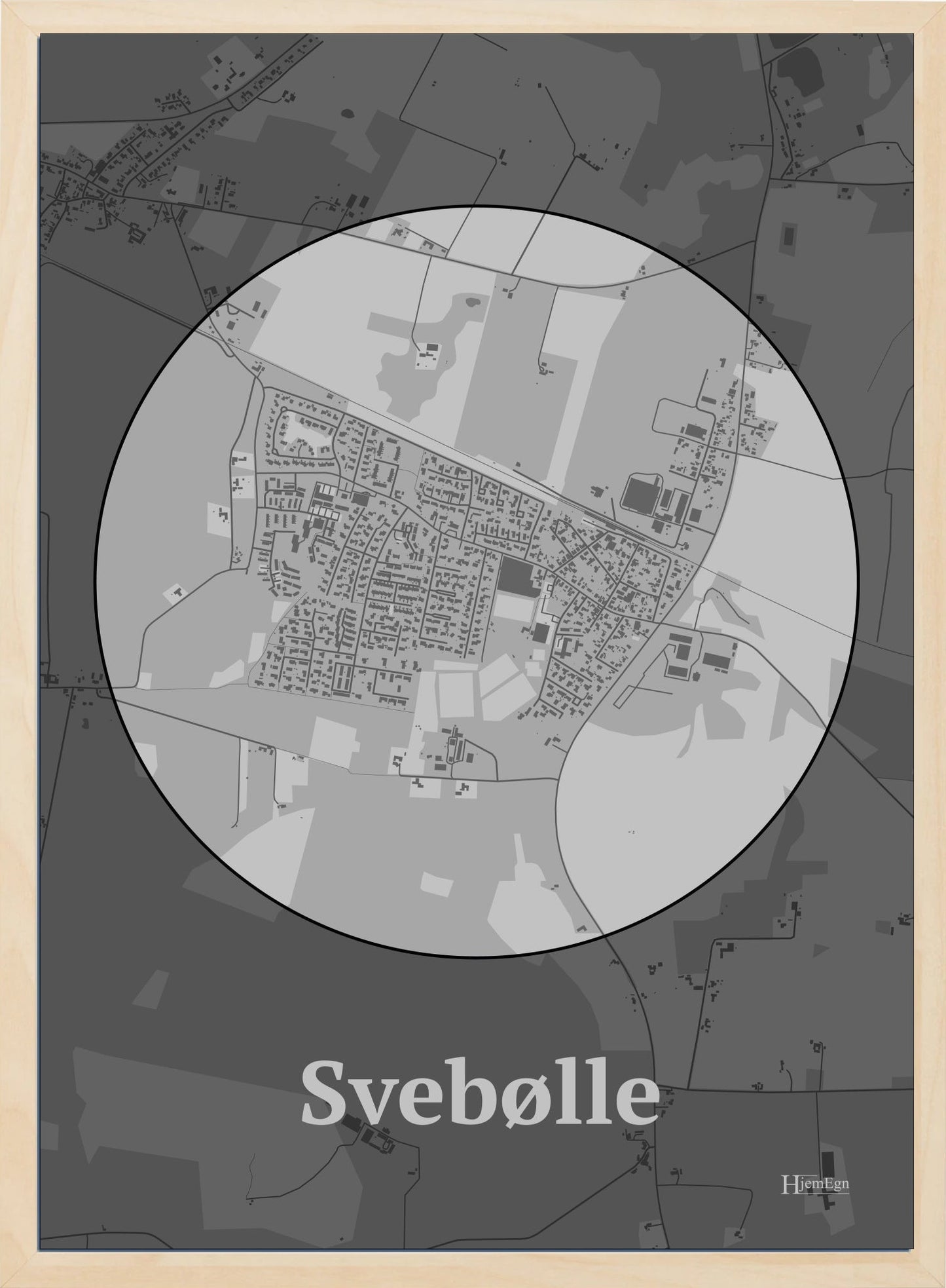 Svebølle plakat i farve pastel grå og HjemEgn.dk design centrum. Design bykort for Svebølle