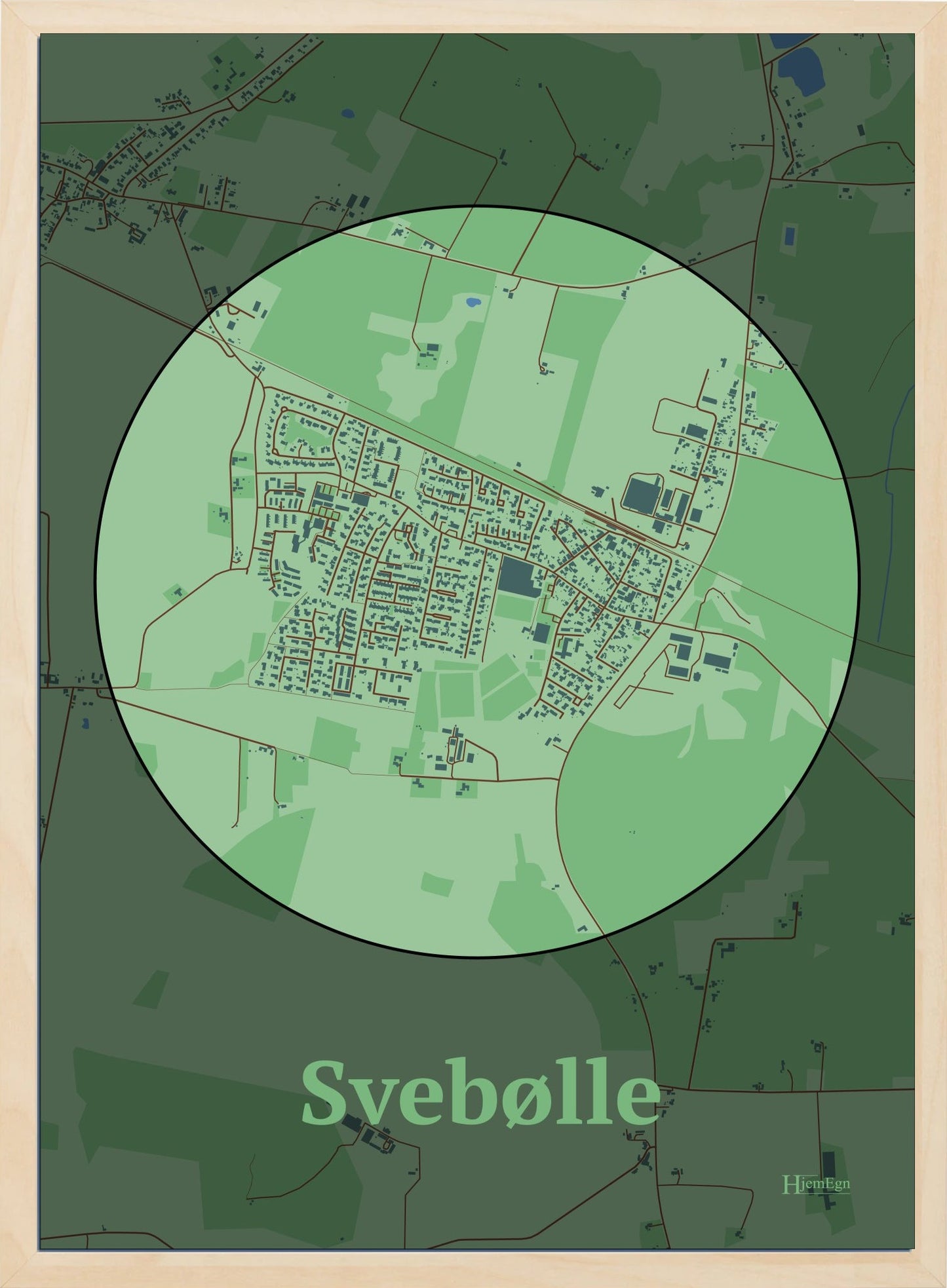 Svebølle plakat i farve pastel grøn og HjemEgn.dk design centrum. Design bykort for Svebølle