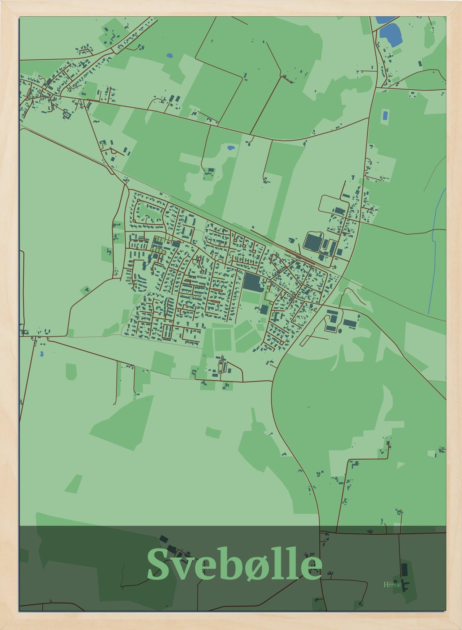 Svebølle plakat i farve pastel grøn og HjemEgn.dk design firkantet. Design bykort for Svebølle