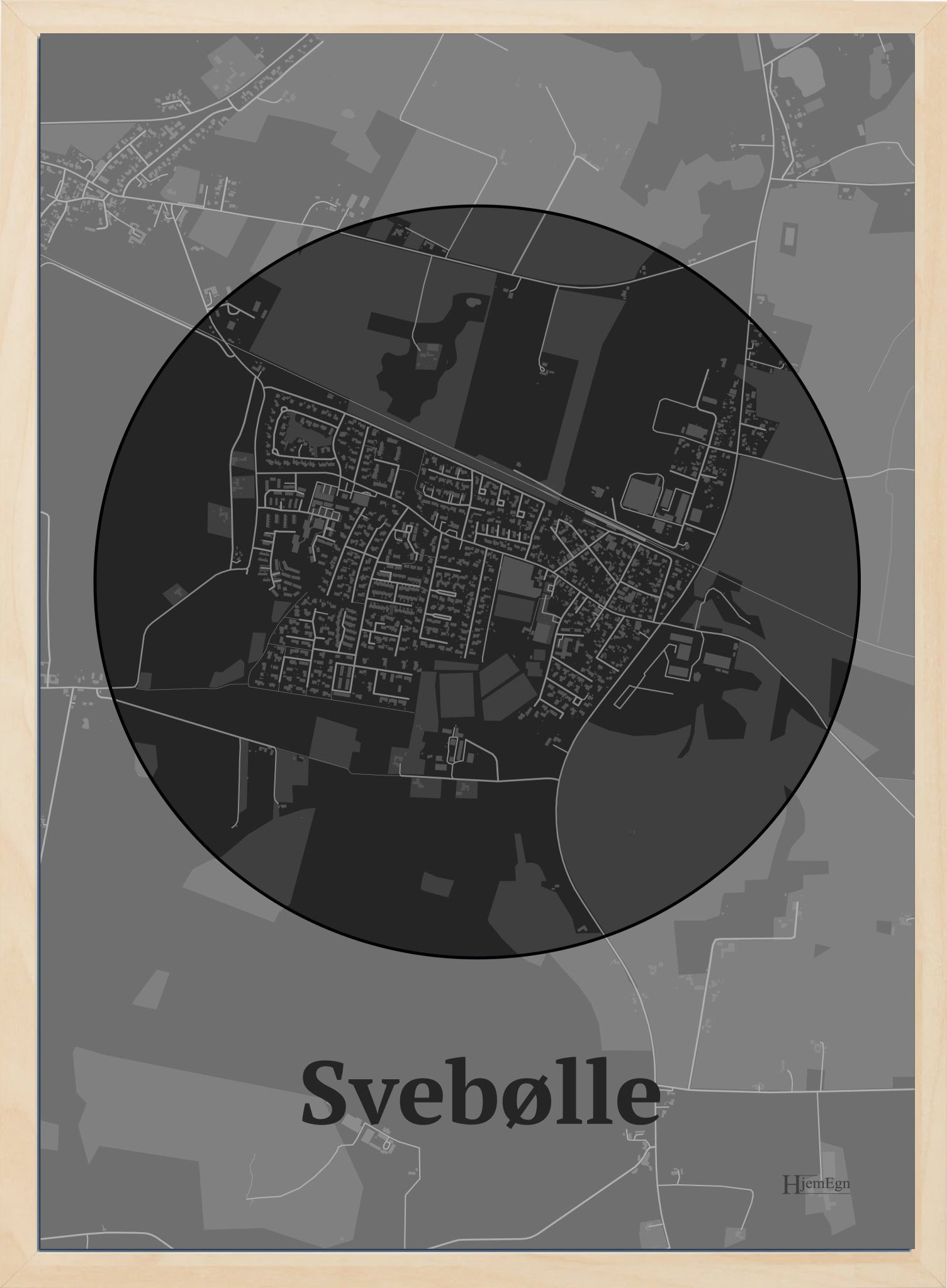 Svebølle plakat i farve mørk grå og HjemEgn.dk design centrum. Design bykort for Svebølle