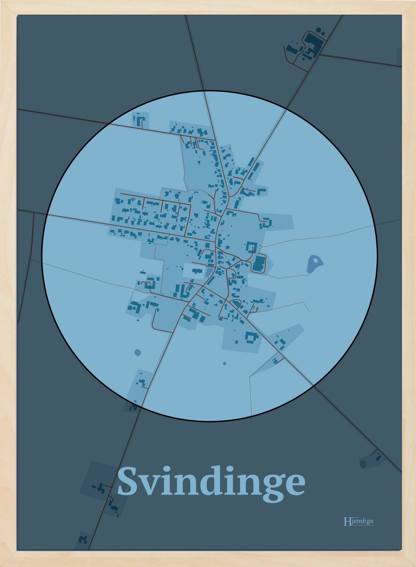 Svindinge plakat i farve pastel blå og HjemEgn.dk design centrum. Design bykort for Svindinge