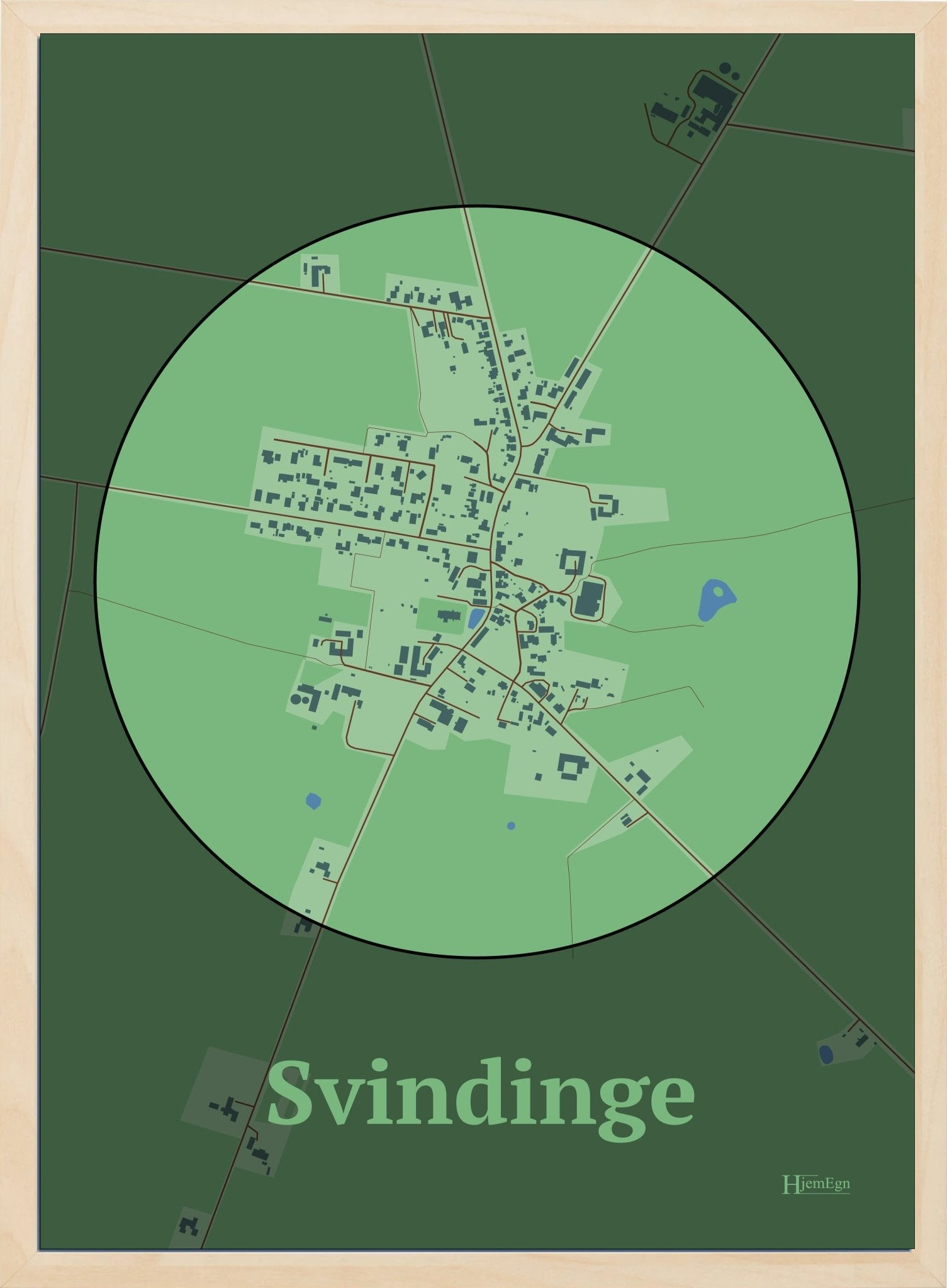 Svindinge plakat i farve pastel grøn og HjemEgn.dk design centrum. Design bykort for Svindinge