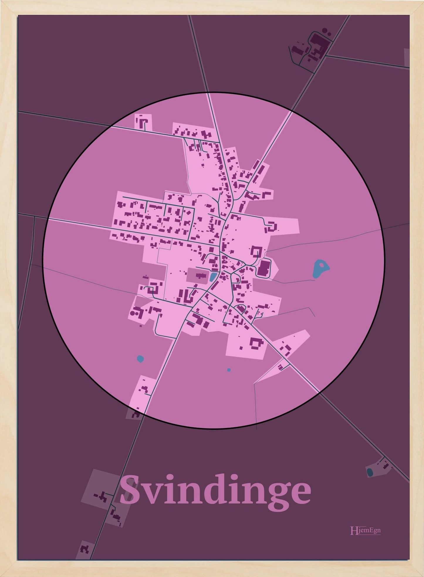 Svindinge plakat i farve pastel rød og HjemEgn.dk design centrum. Design bykort for Svindinge