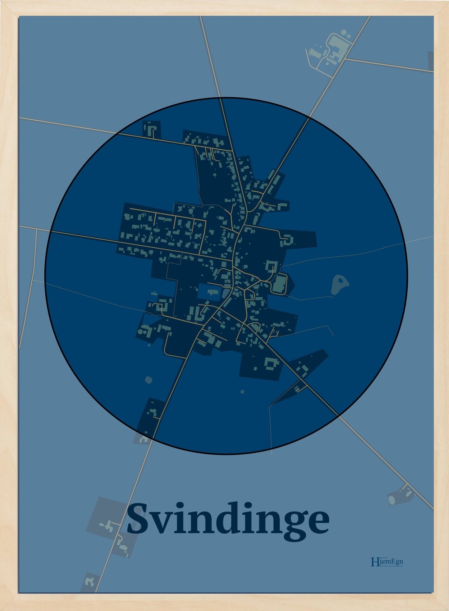 Svindinge plakat i farve mørk blå og HjemEgn.dk design centrum. Design bykort for Svindinge
