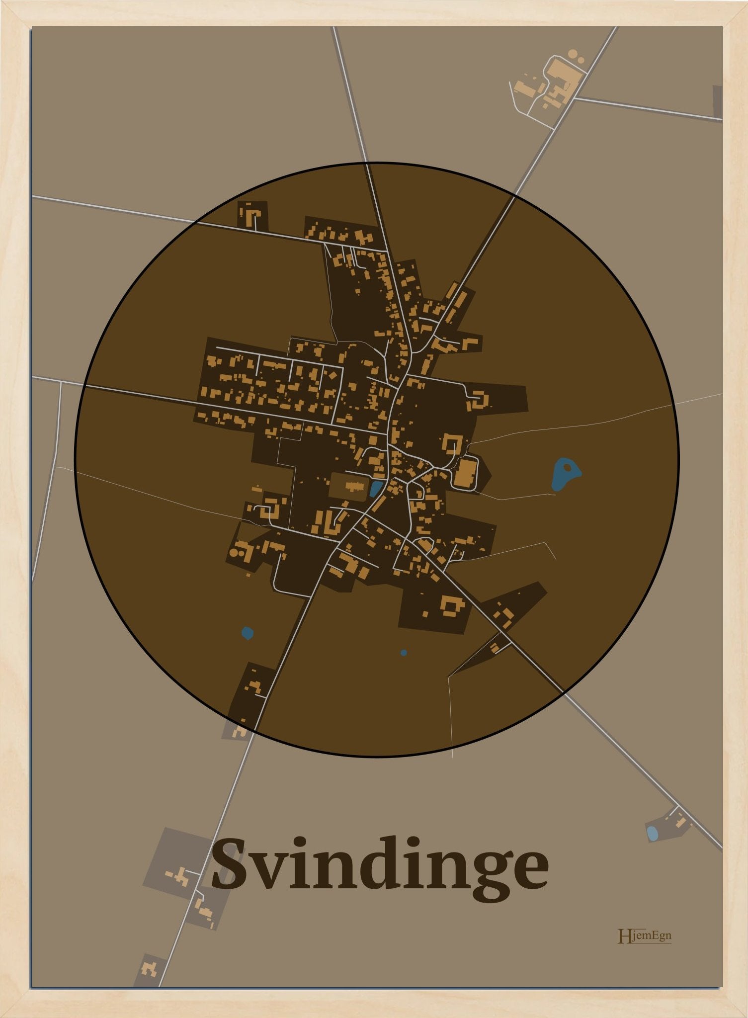 Svindinge plakat i farve mørk brun og HjemEgn.dk design centrum. Design bykort for Svindinge