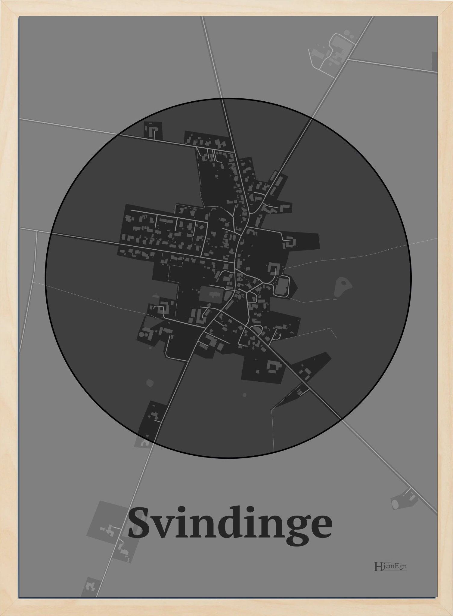 Svindinge plakat i farve mørk grå og HjemEgn.dk design centrum. Design bykort for Svindinge