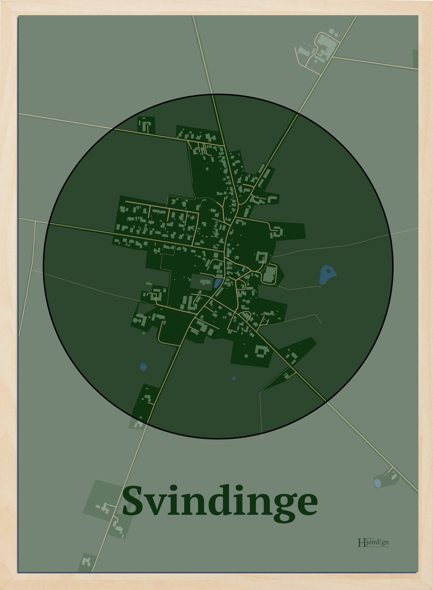 Svindinge plakat i farve mørk grøn og HjemEgn.dk design centrum. Design bykort for Svindinge