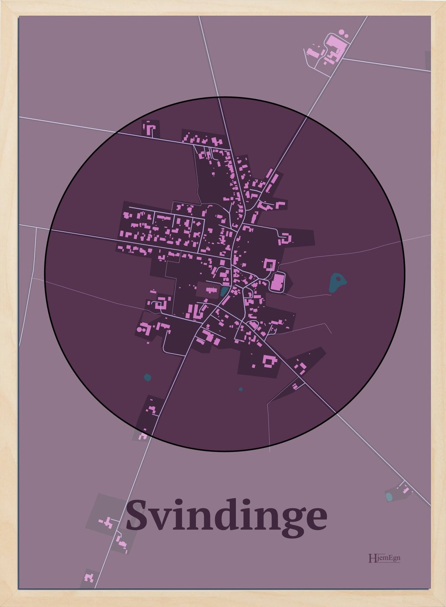 Svindinge plakat i farve mørk rød og HjemEgn.dk design centrum. Design bykort for Svindinge