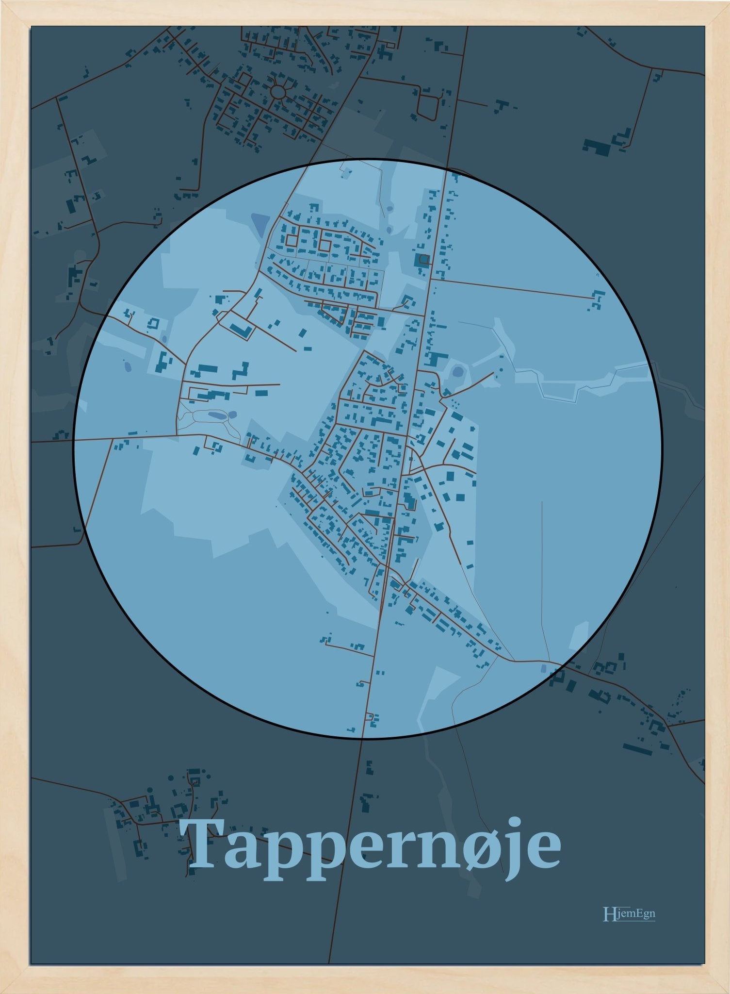 Tappernøje plakat i farve pastel blå og HjemEgn.dk design centrum. Design bykort for Tappernøje