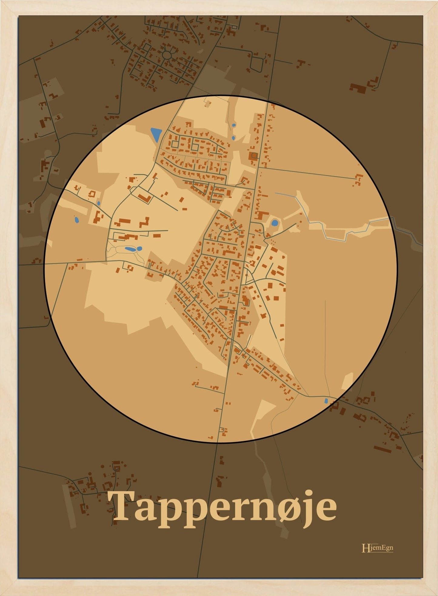 Tappernøje plakat i farve pastel brun og HjemEgn.dk design centrum. Design bykort for Tappernøje