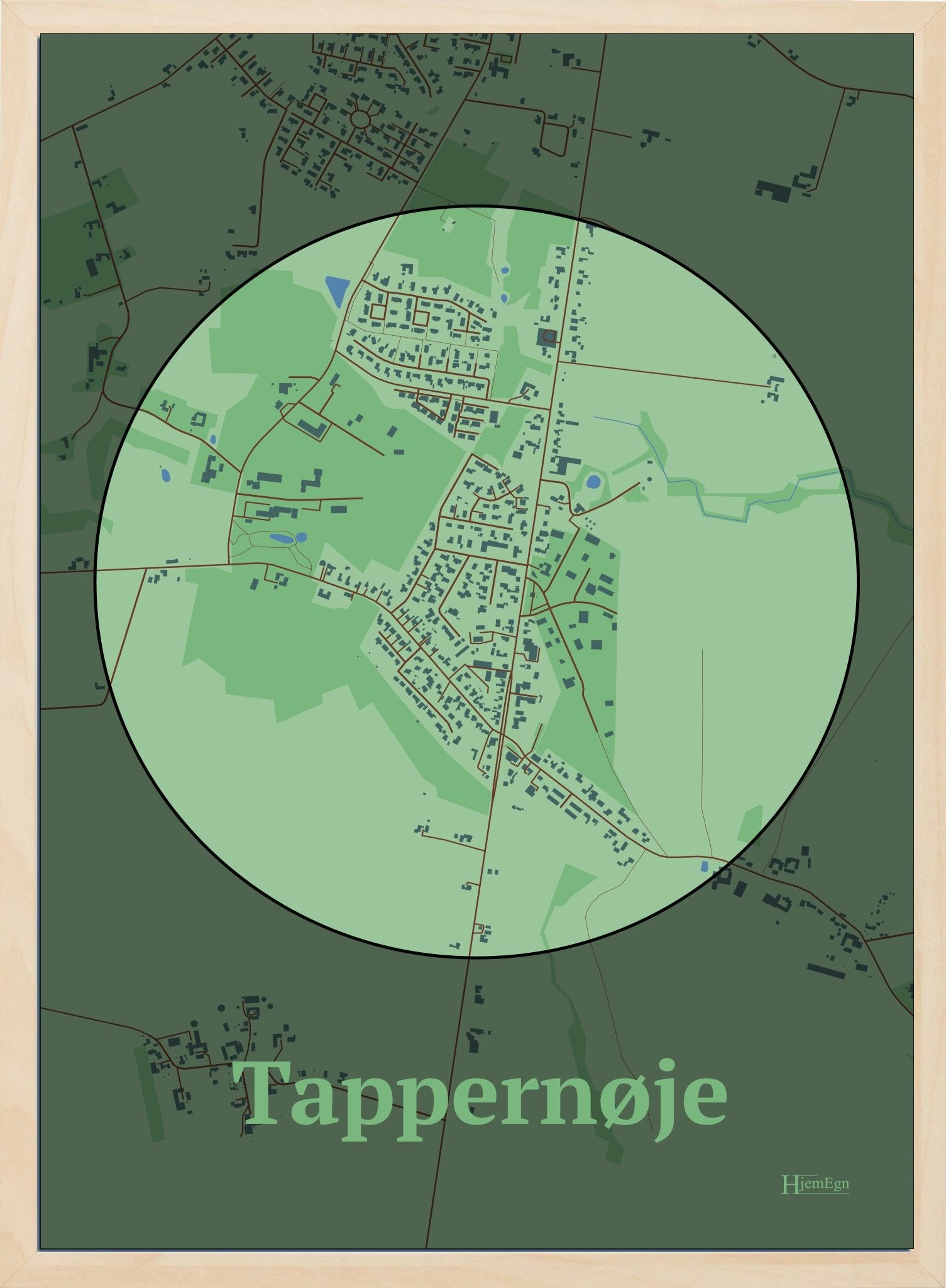 Tappernøje plakat i farve pastel grøn og HjemEgn.dk design centrum. Design bykort for Tappernøje