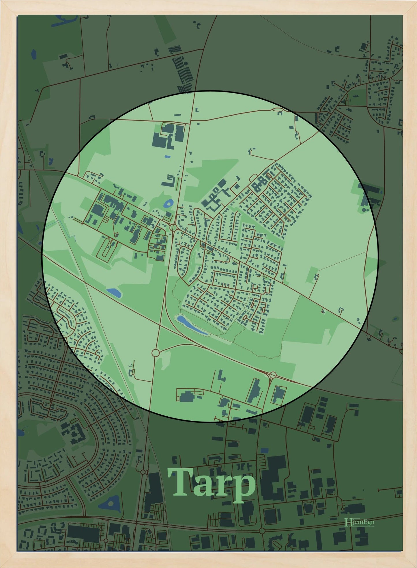 Tarp plakat i farve pastel grøn og HjemEgn.dk design centrum. Design bykort for Tarp