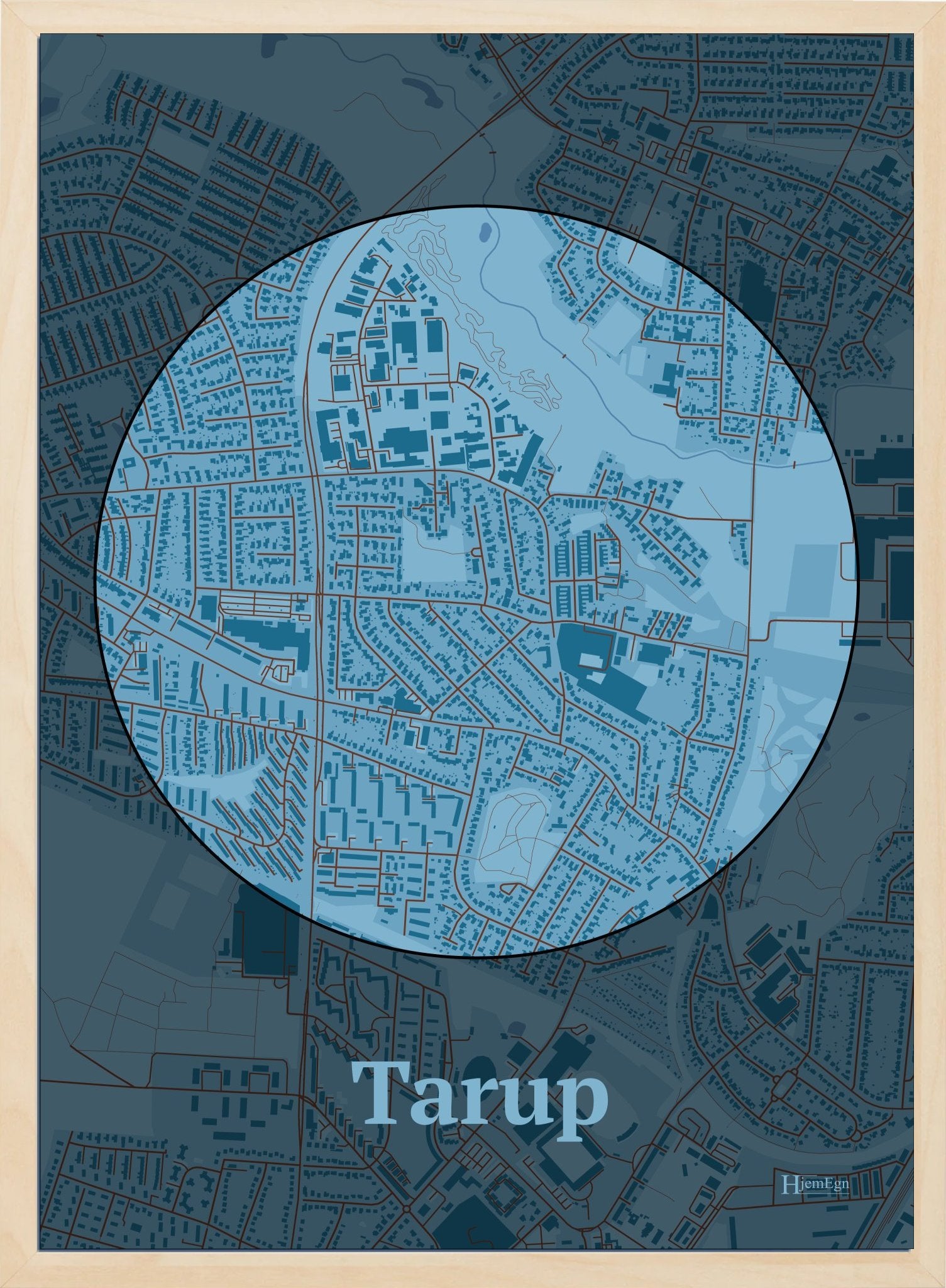 Tarup plakat i farve pastel blå og HjemEgn.dk design centrum. Design bykort for Tarup