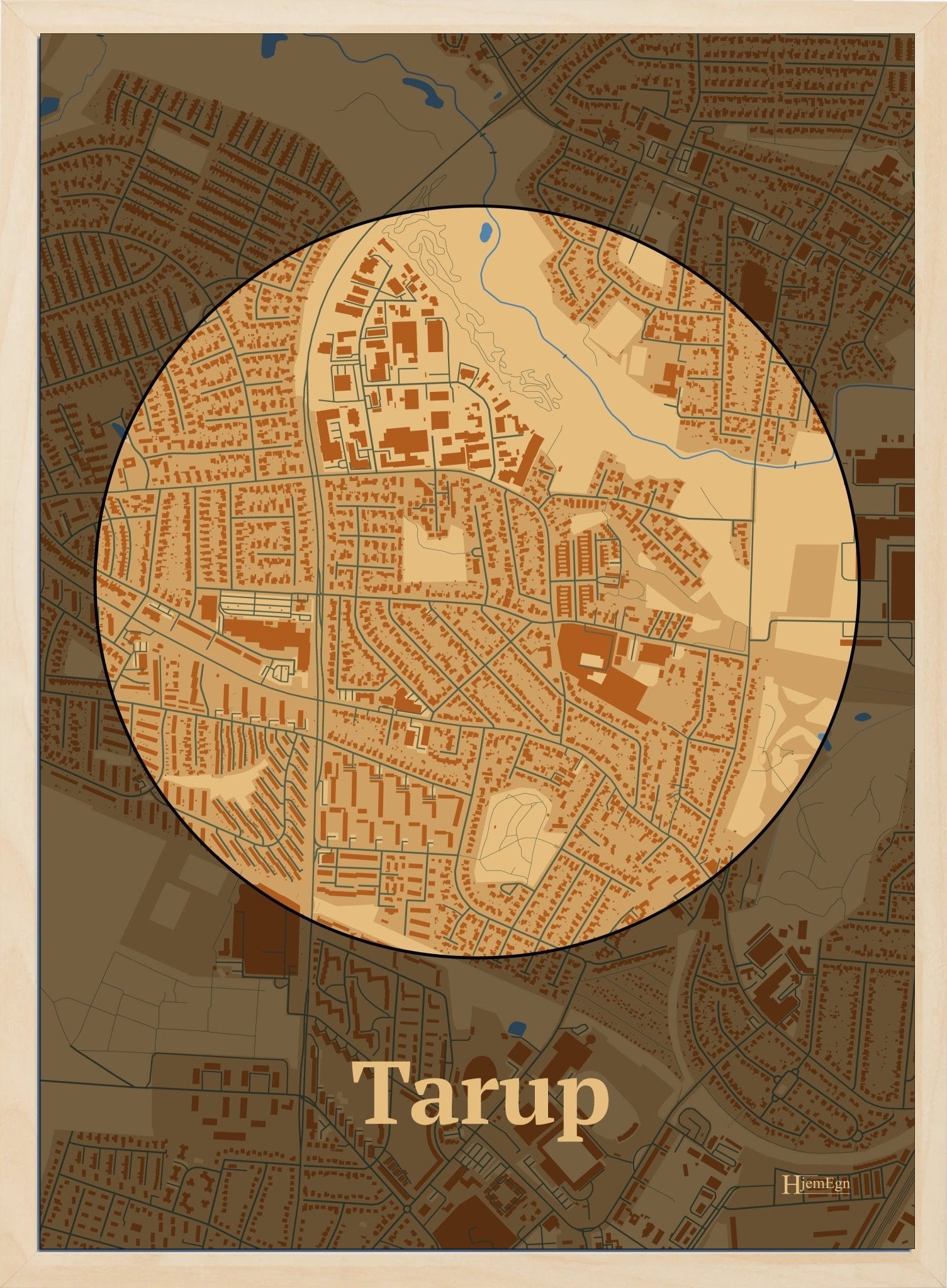 Tarup plakat i farve pastel brun og HjemEgn.dk design centrum. Design bykort for Tarup