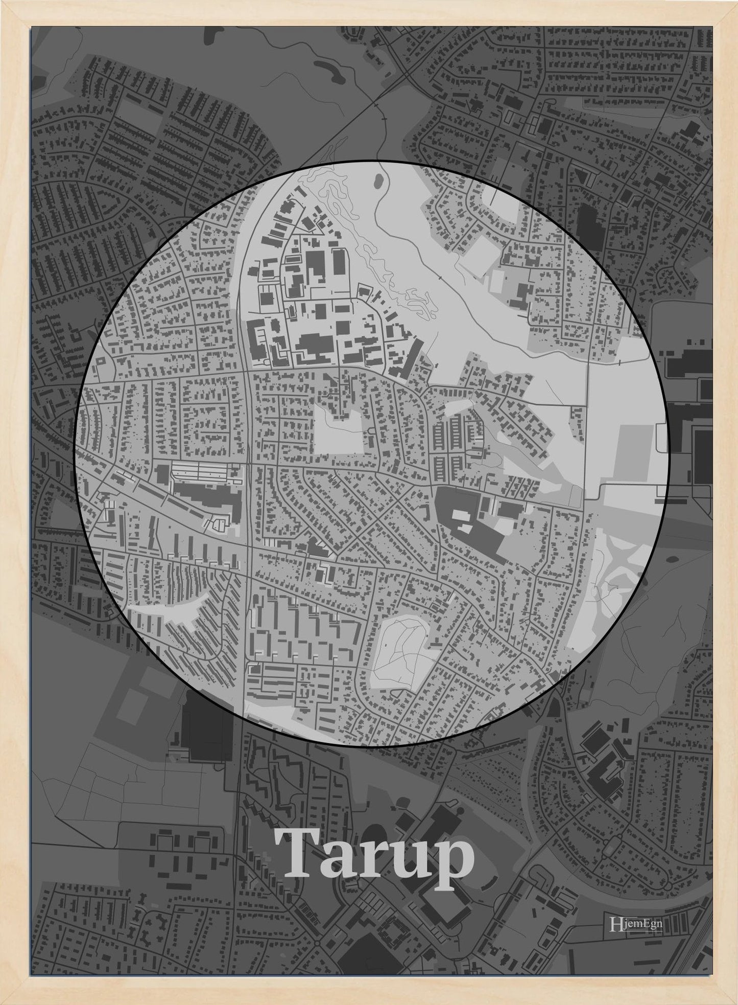 Tarup plakat i farve pastel grå og HjemEgn.dk design centrum. Design bykort for Tarup