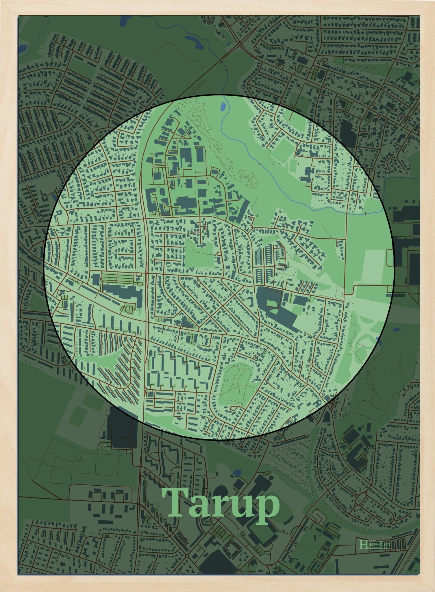 Tarup plakat i farve pastel grøn og HjemEgn.dk design centrum. Design bykort for Tarup