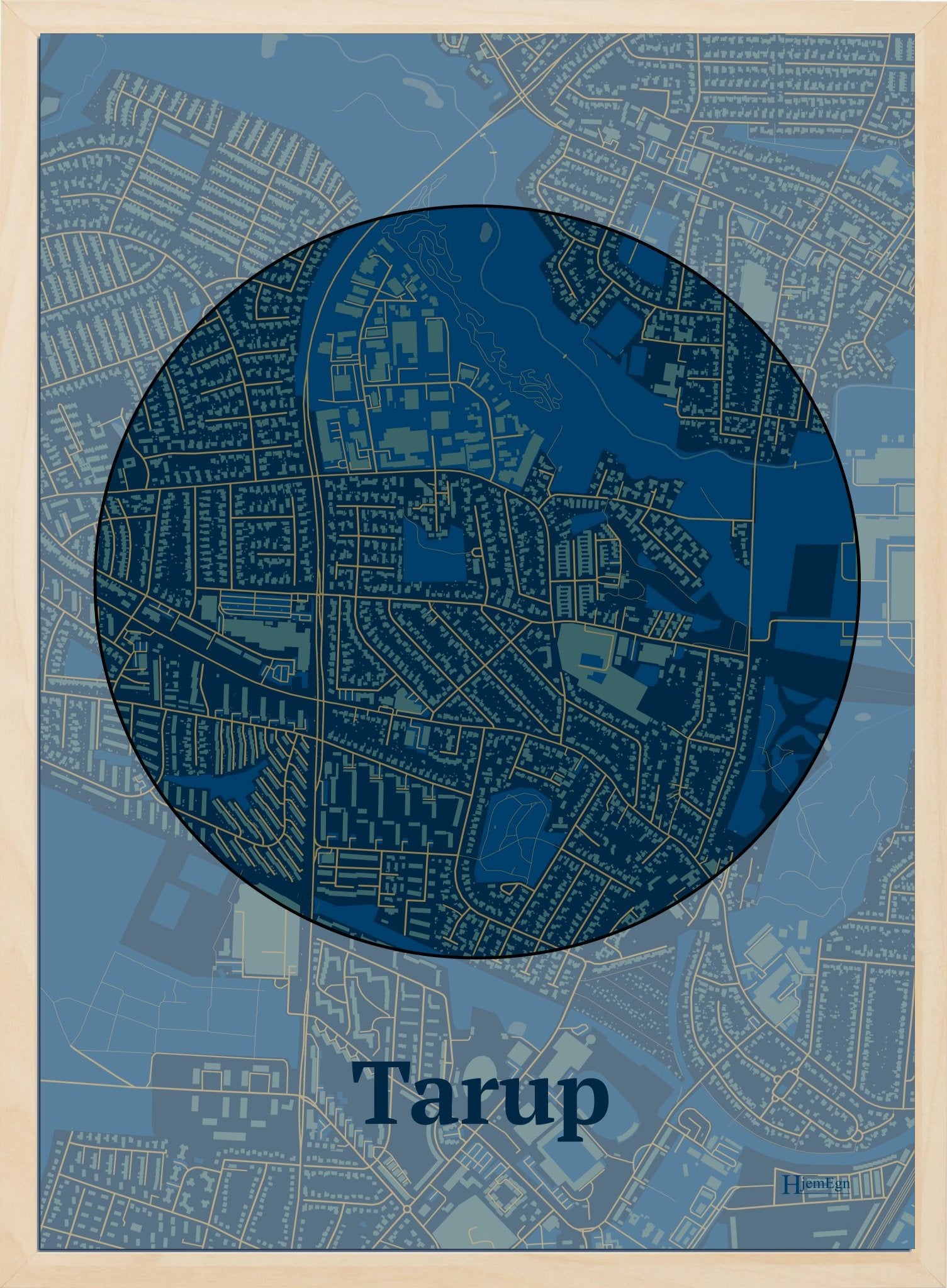 Tarup plakat i farve mørk blå og HjemEgn.dk design centrum. Design bykort for Tarup