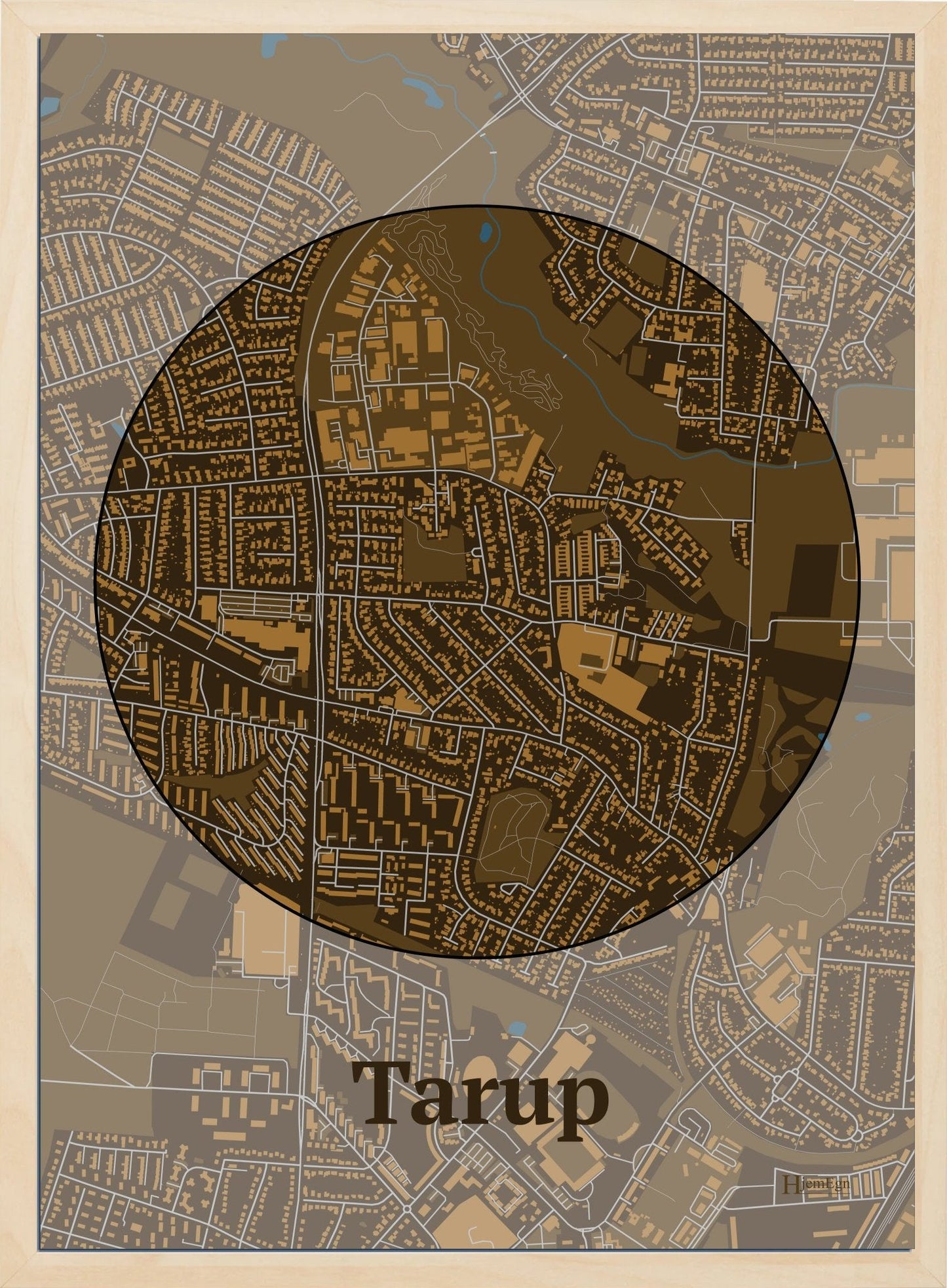 Tarup plakat i farve mørk brun og HjemEgn.dk design centrum. Design bykort for Tarup