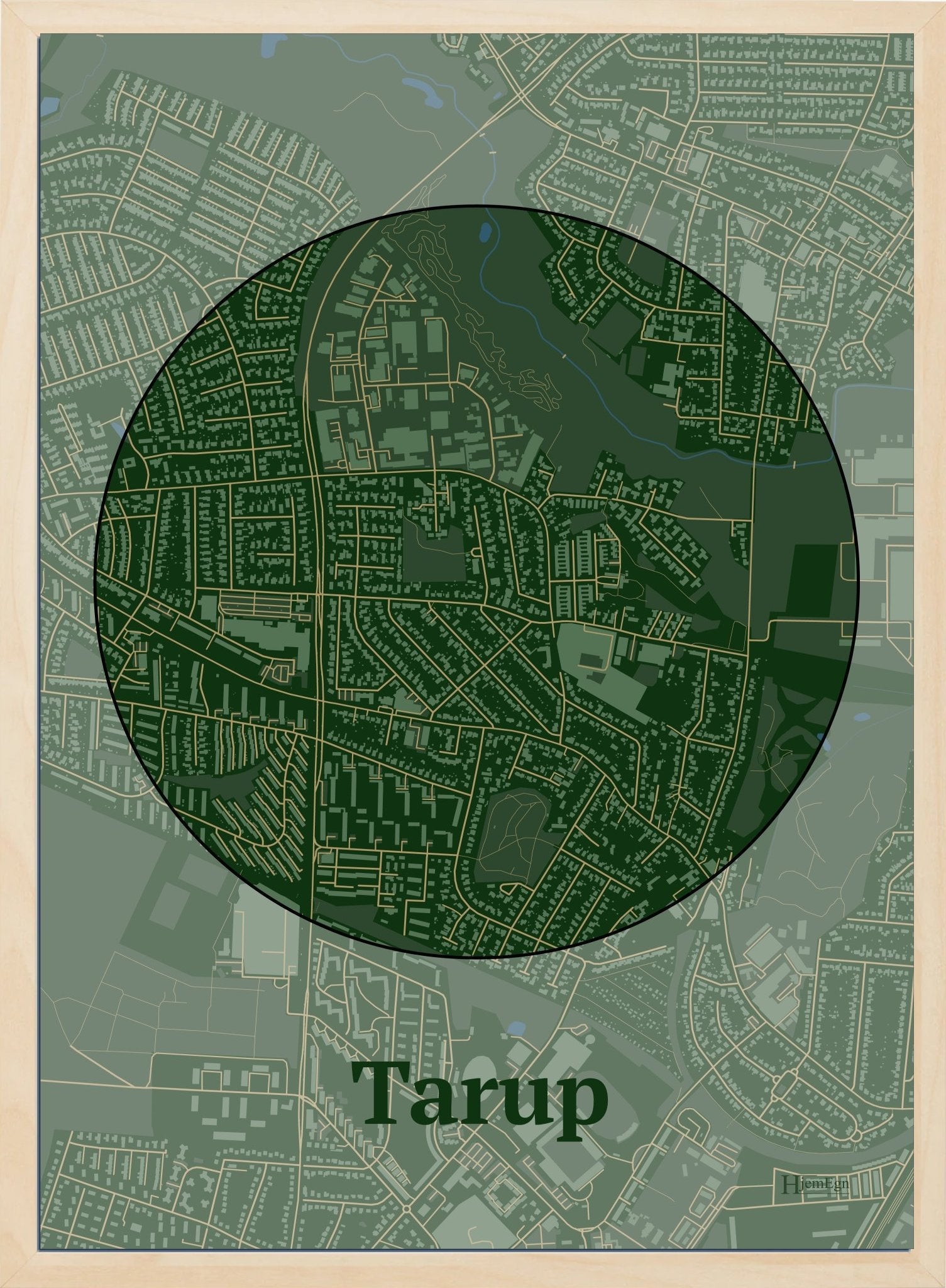 Tarup plakat i farve mørk grøn og HjemEgn.dk design centrum. Design bykort for Tarup