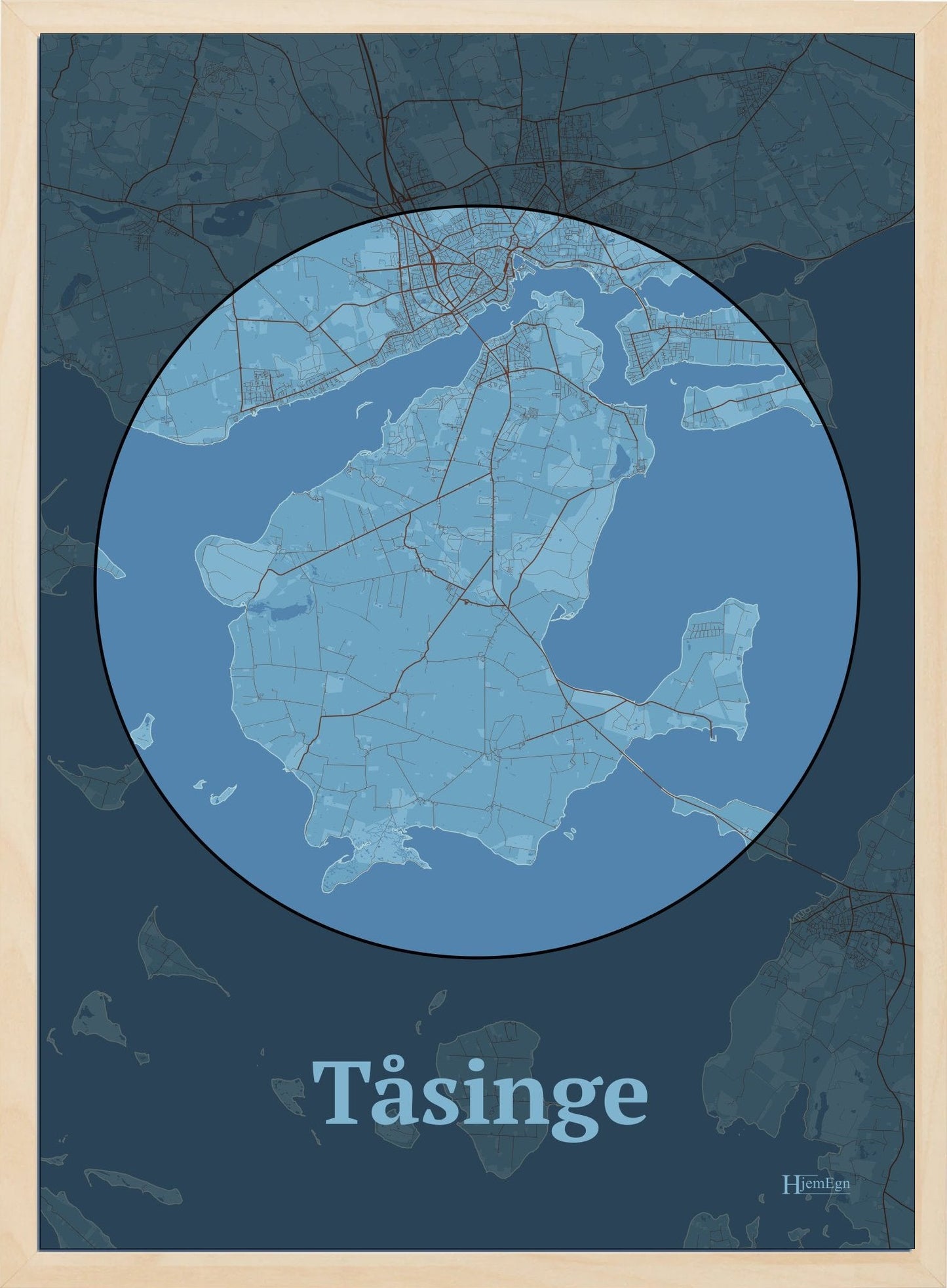 Tåsinge plakat i farve pastel blå og HjemEgn.dk design centrum. Design ø-kort for Tåsinge