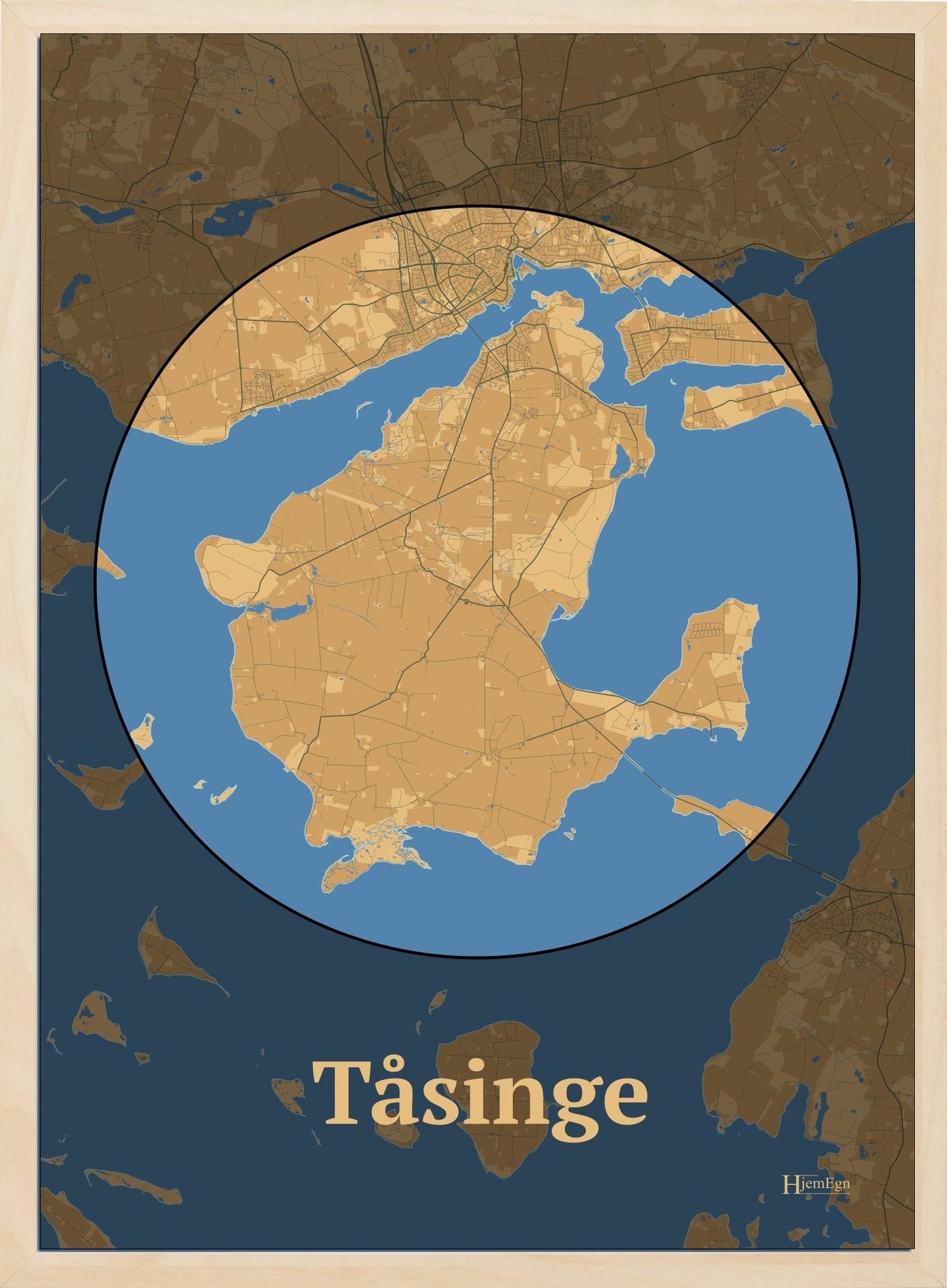 Tåsinge plakat i farve pastel brun og HjemEgn.dk design centrum. Design ø-kort for Tåsinge