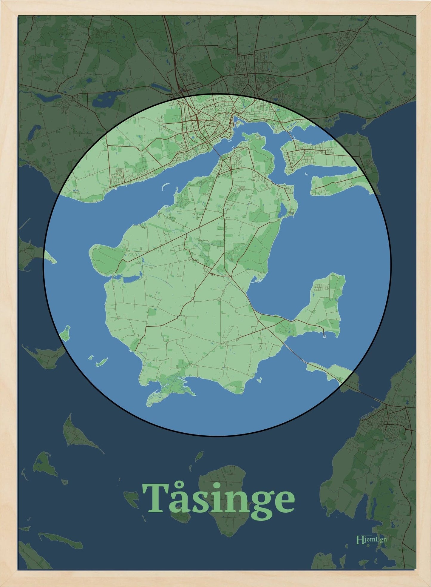 Tåsinge plakat i farve pastel grøn og HjemEgn.dk design centrum. Design ø-kort for Tåsinge