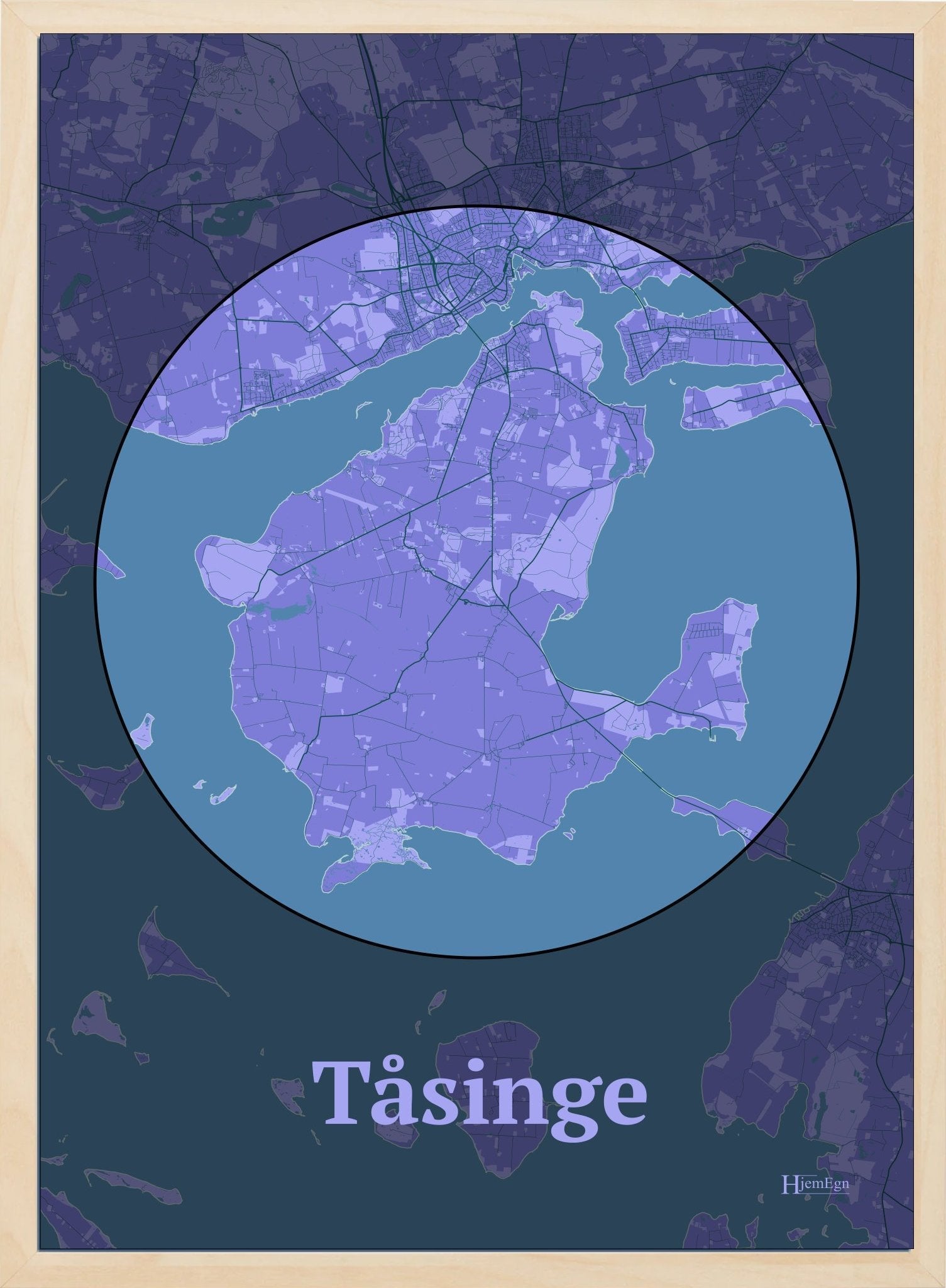 Tåsinge plakat i farve pastel lilla og HjemEgn.dk design centrum. Design ø-kort for Tåsinge