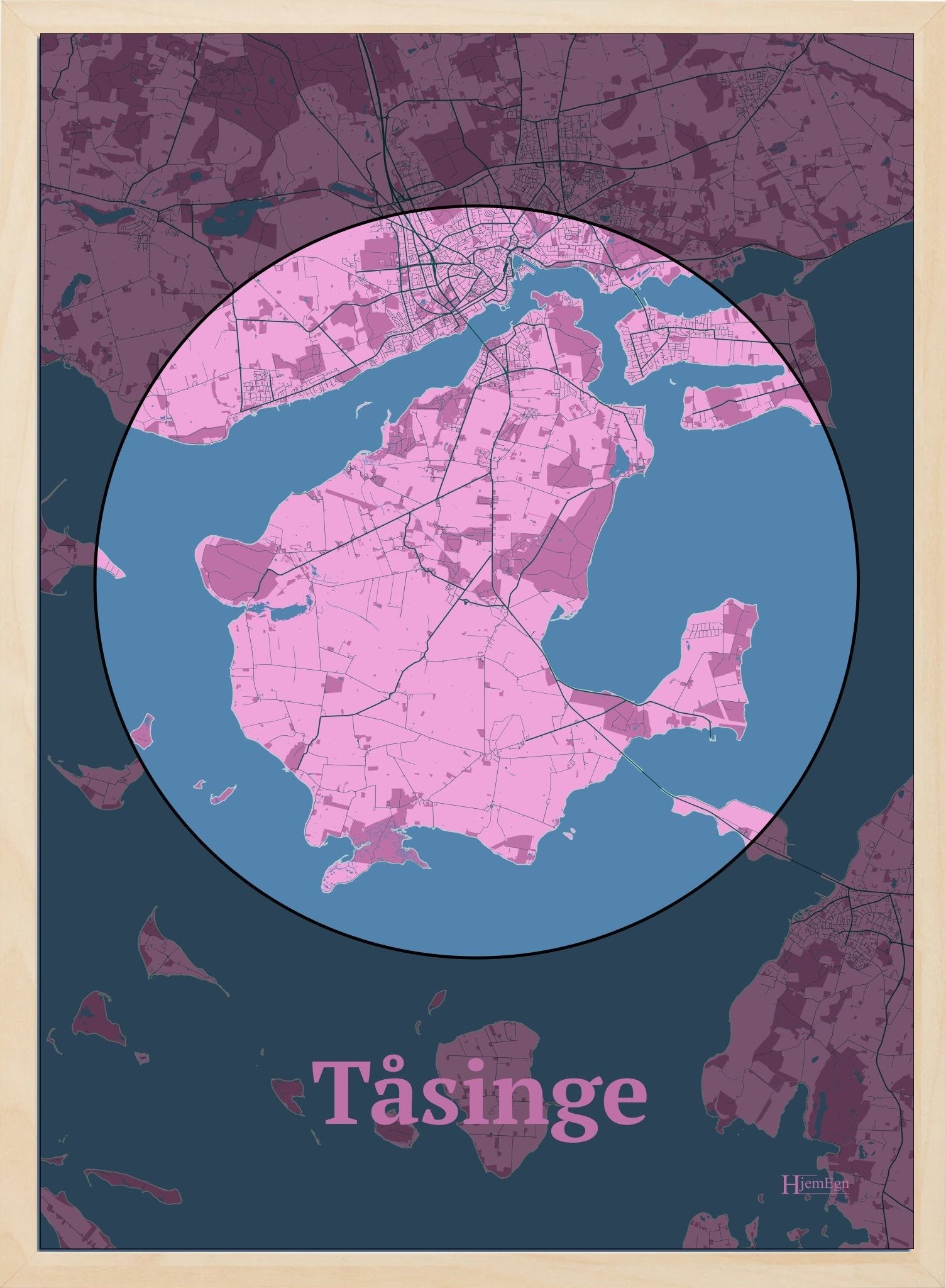 Tåsinge plakat i farve pastel rød og HjemEgn.dk design centrum. Design ø-kort for Tåsinge