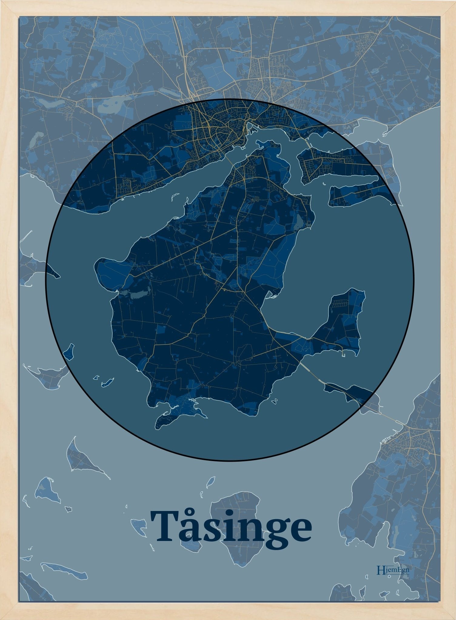 Tåsinge plakat i farve mørk blå og HjemEgn.dk design centrum. Design ø-kort for Tåsinge
