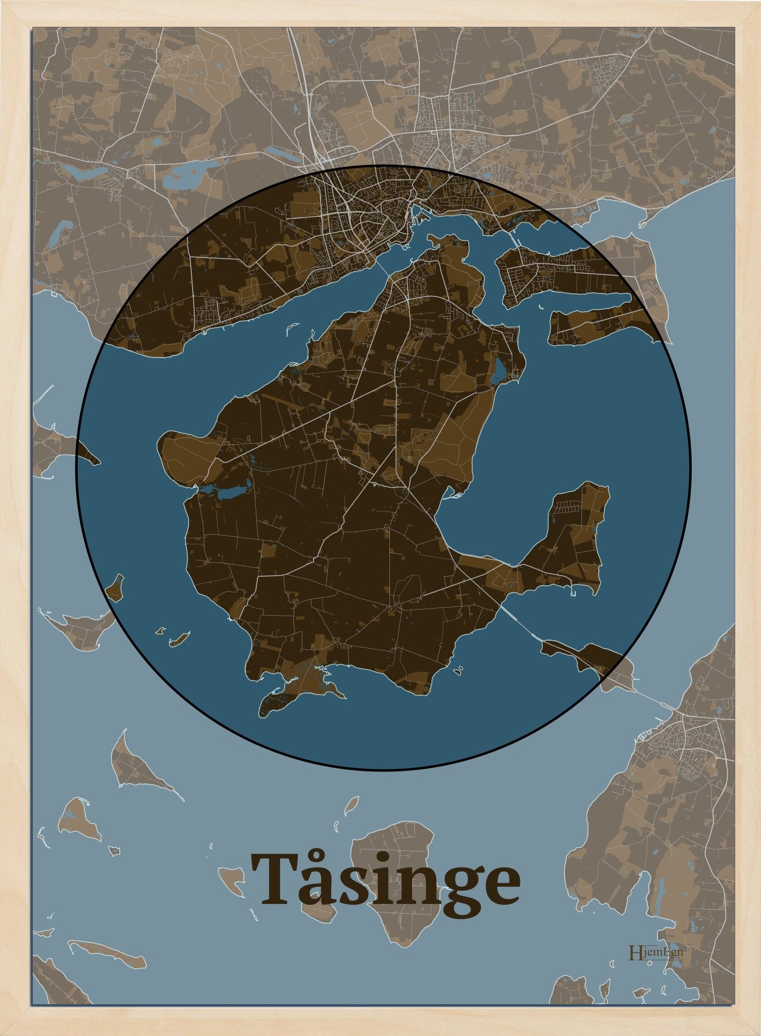 Tåsinge plakat i farve mørk brun og HjemEgn.dk design centrum. Design ø-kort for Tåsinge