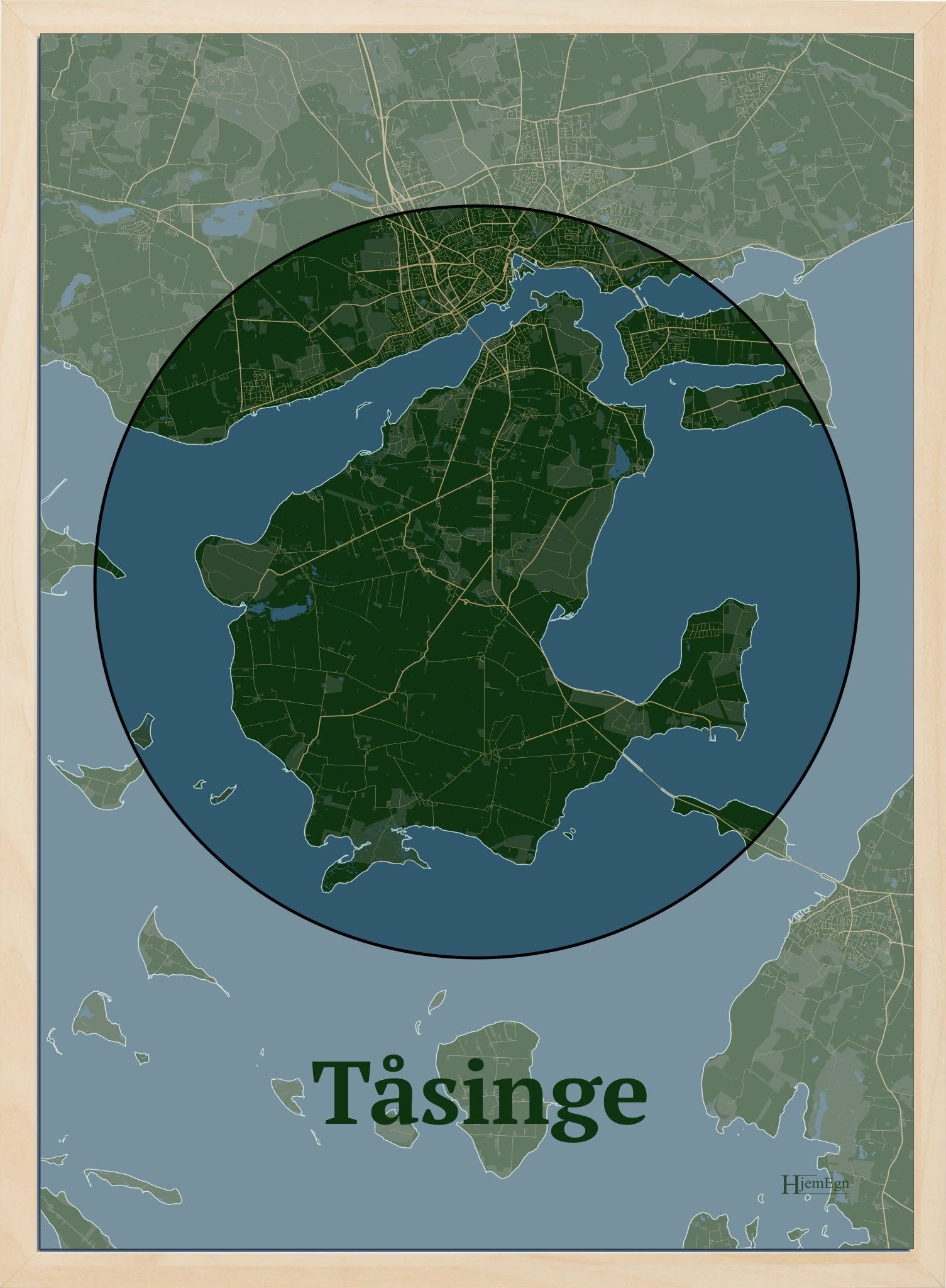 Tåsinge plakat i farve mørk grøn og HjemEgn.dk design centrum. Design ø-kort for Tåsinge